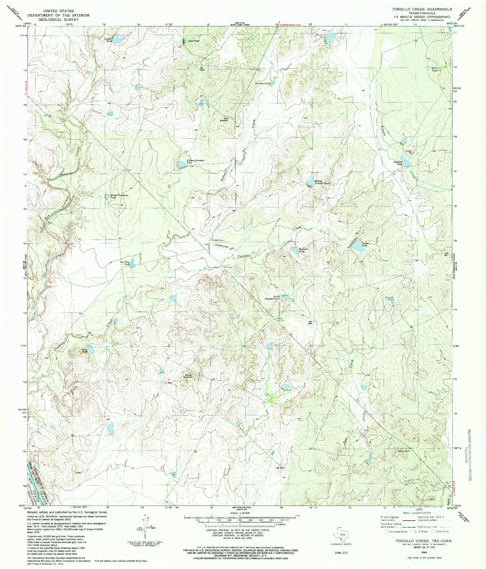 USGS 1:24000-SCALE QUADRANGLE FOR TORDILLO CREEK, TX 1984