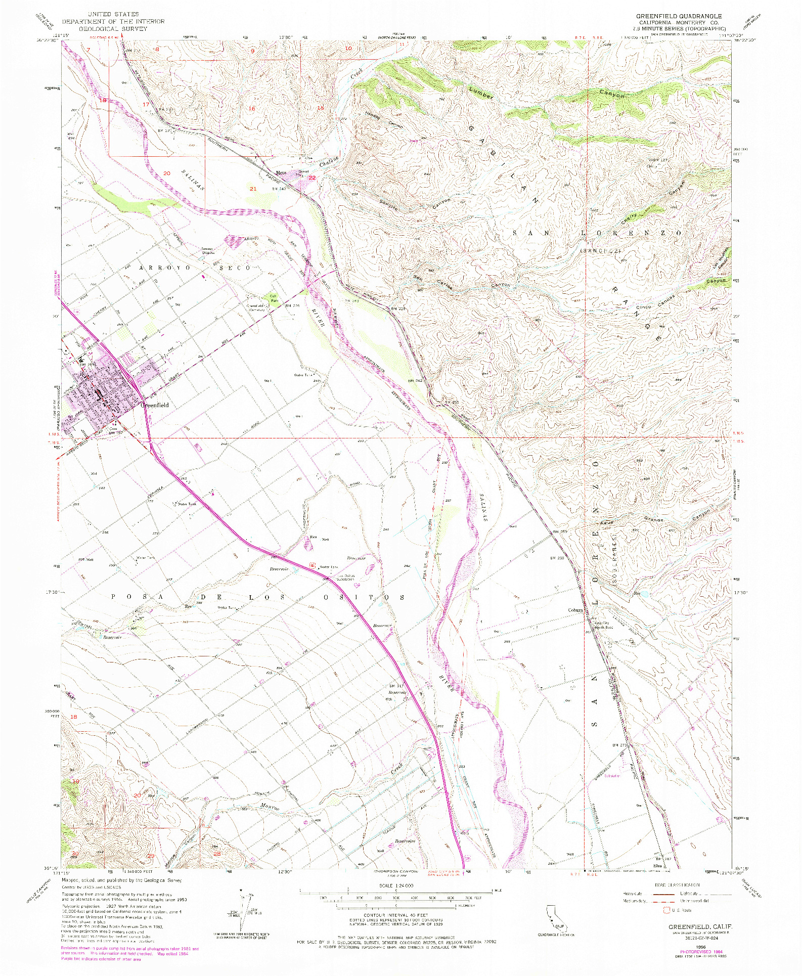 USGS 1:24000-SCALE QUADRANGLE FOR GREENFIELD, CA 1956