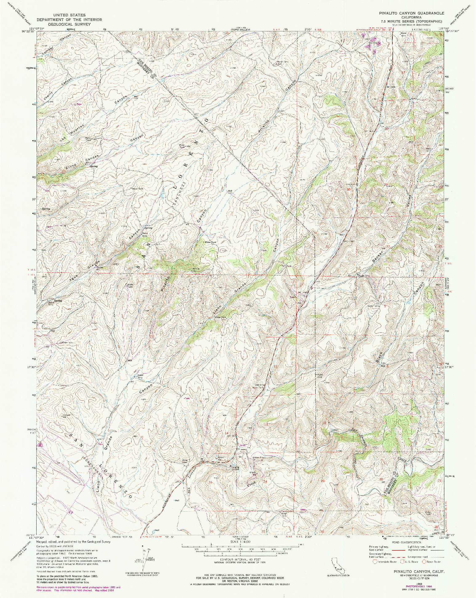 USGS 1:24000-SCALE QUADRANGLE FOR PINALITO CANYON, CA 1969