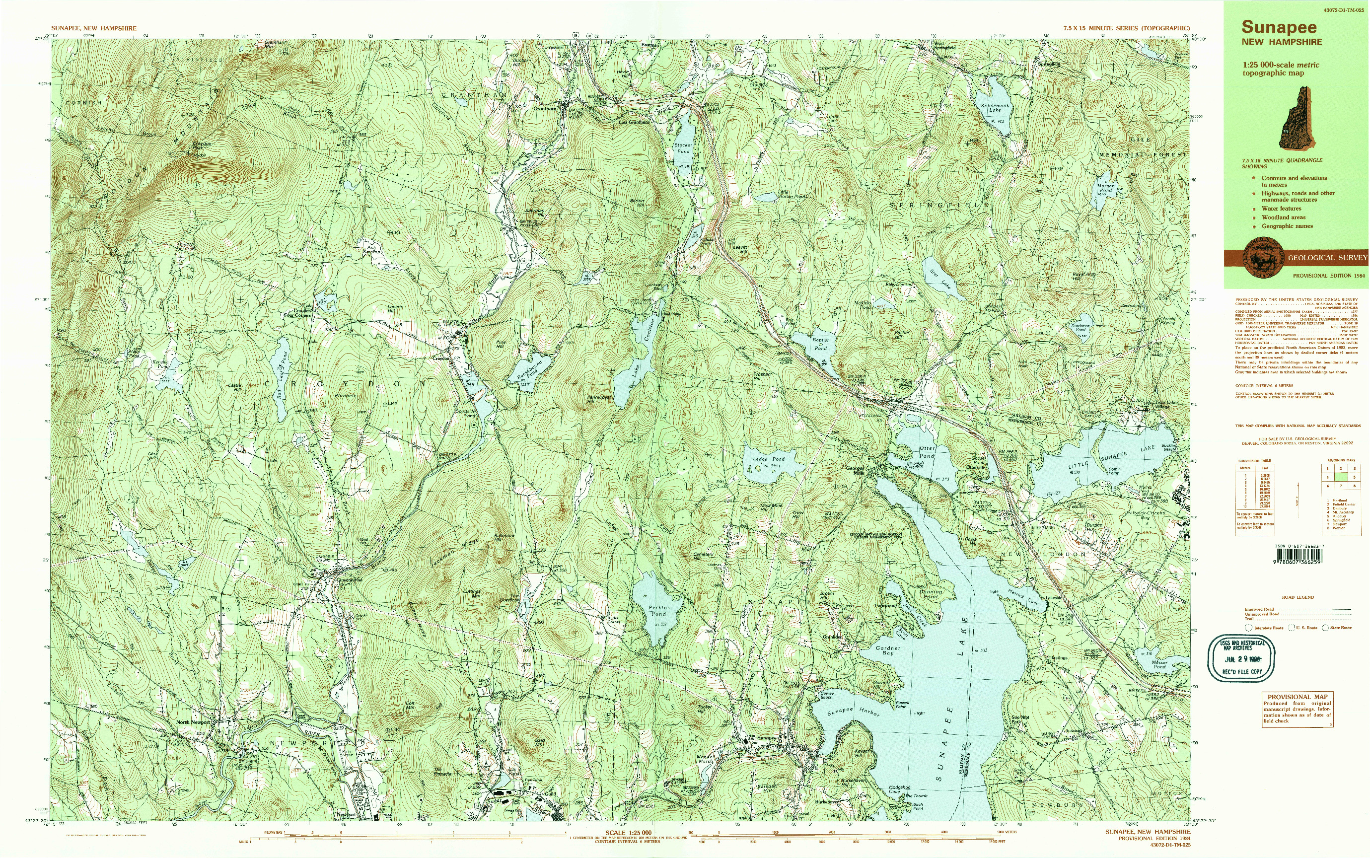 USGS 1:25000-SCALE QUADRANGLE FOR SUNAPEE, NH 1984