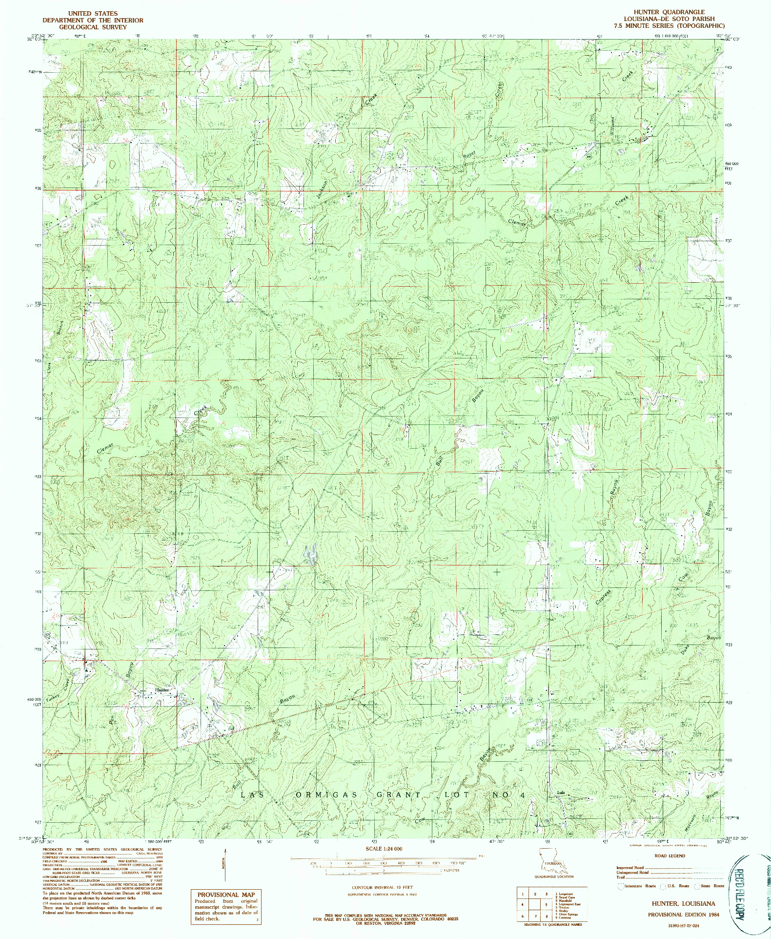 USGS 1:24000-SCALE QUADRANGLE FOR HUNTER, LA 1984