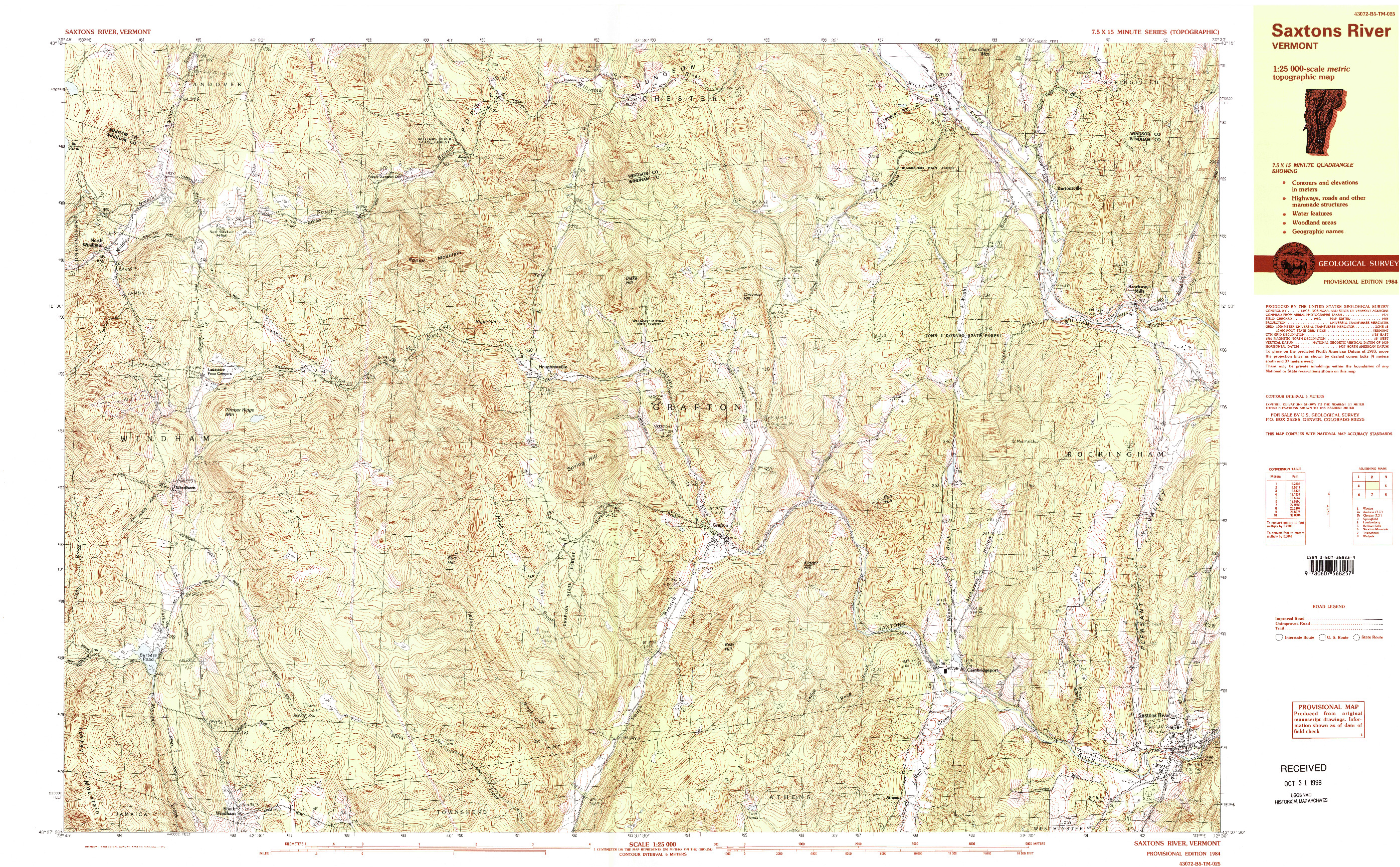 USGS 1:25000-SCALE QUADRANGLE FOR SAXTONS RIVER, VT 1984