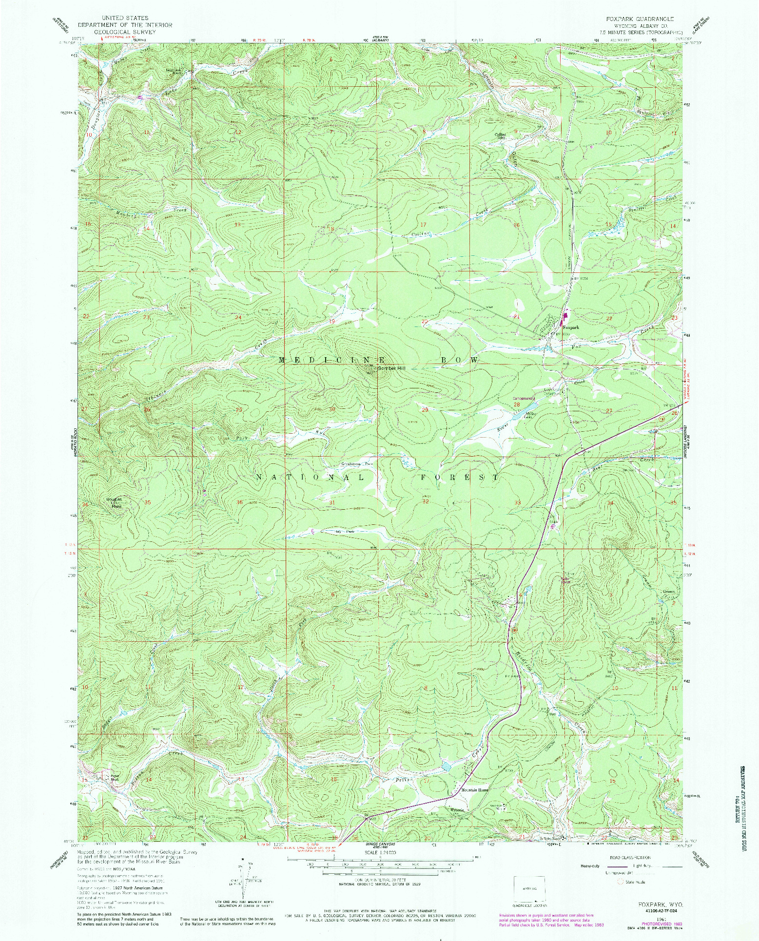 USGS 1:24000-SCALE QUADRANGLE FOR FOXPARK, WY 1961