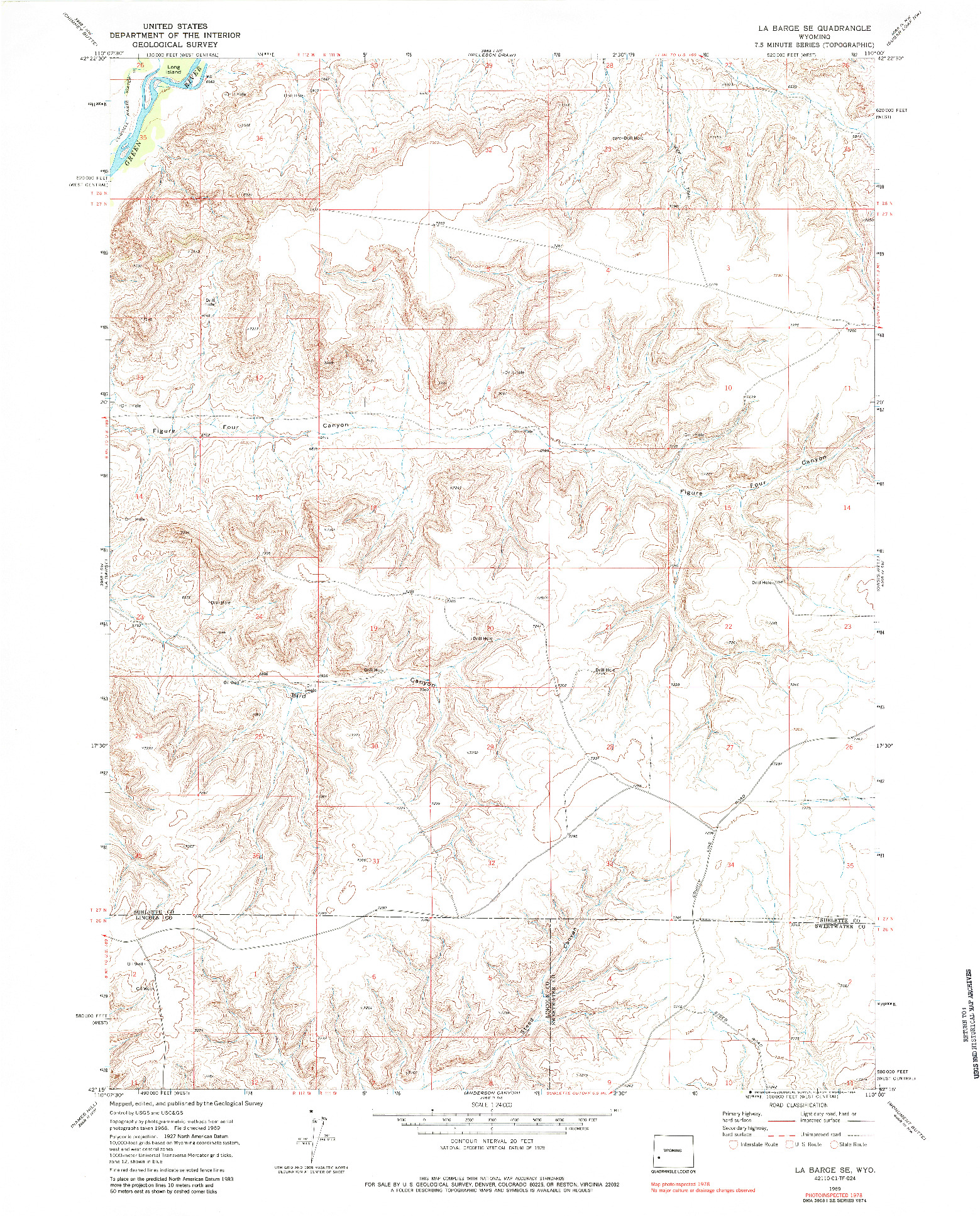 USGS 1:24000-SCALE QUADRANGLE FOR LA BARGE SE, WY 1969