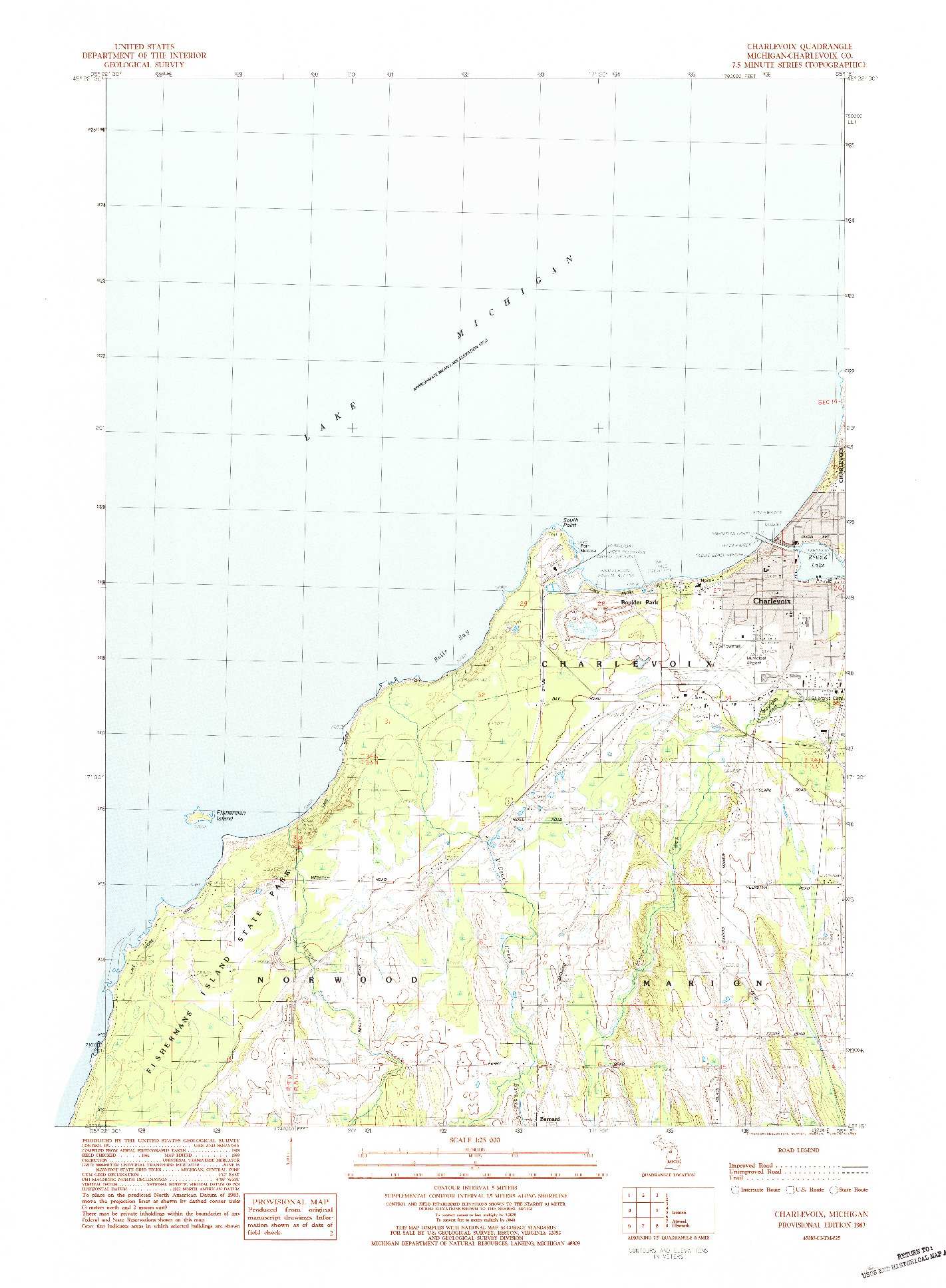USGS 1:25000-SCALE QUADRANGLE FOR CHARLEVOIX, MI 1983