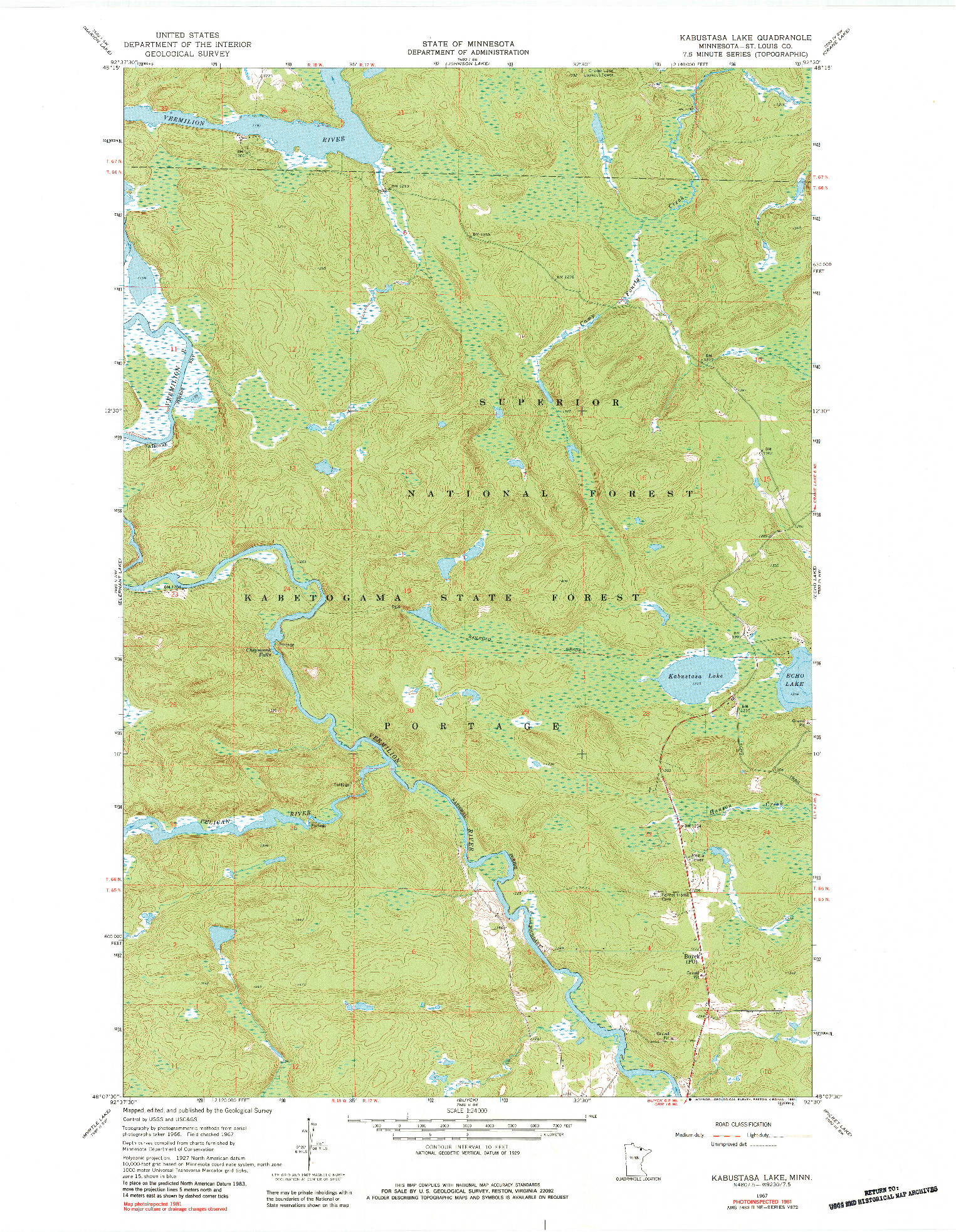 USGS 1:24000-SCALE QUADRANGLE FOR KABUSTASA LAKE, MN 1967