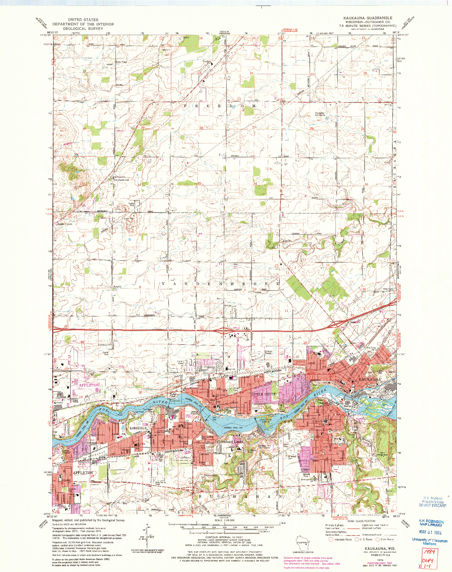 USGS 1:24000-SCALE QUADRANGLE FOR KAUKAUNA, WI 1974