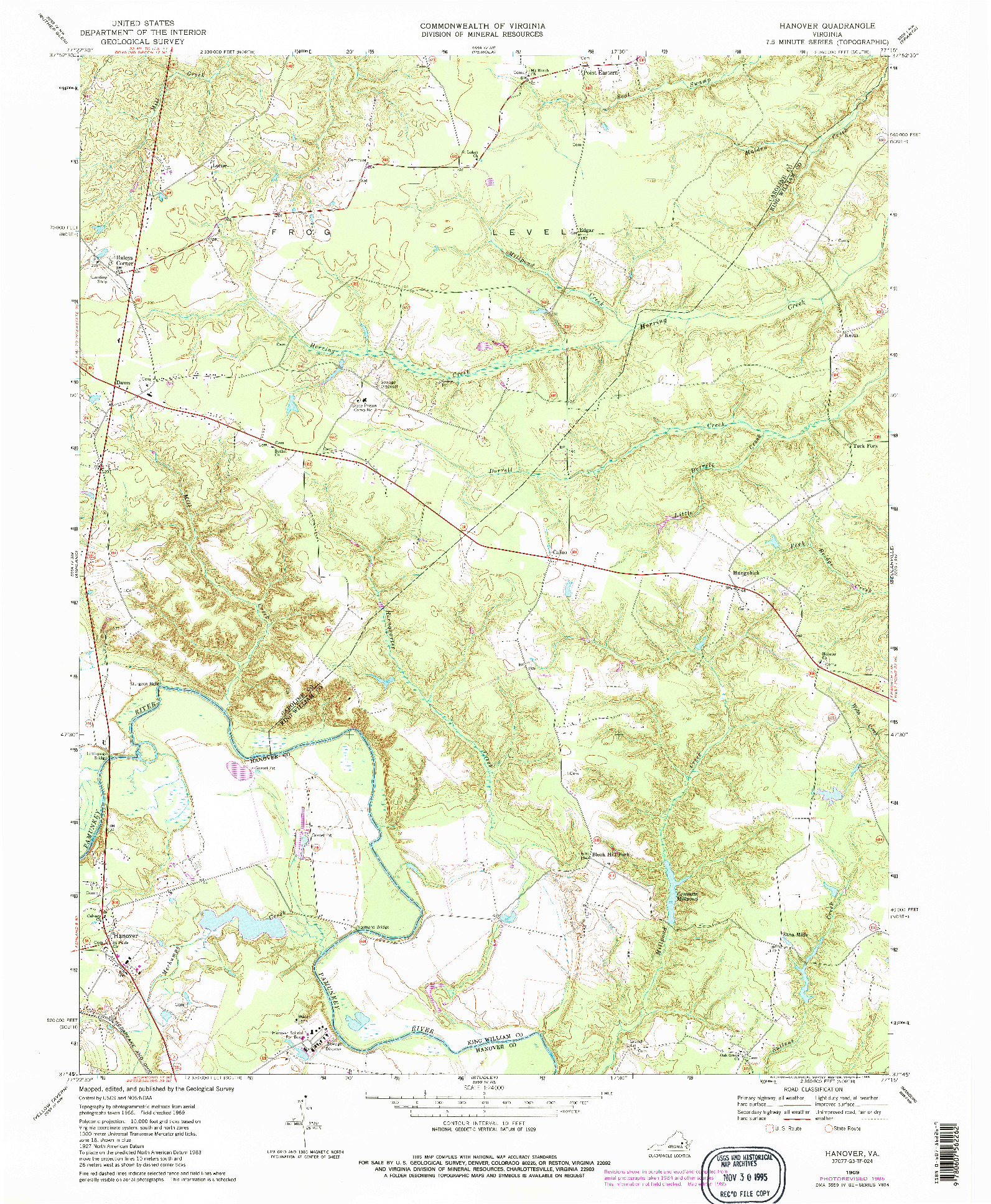 USGS 1:24000-SCALE QUADRANGLE FOR HANOVER, VA 1969