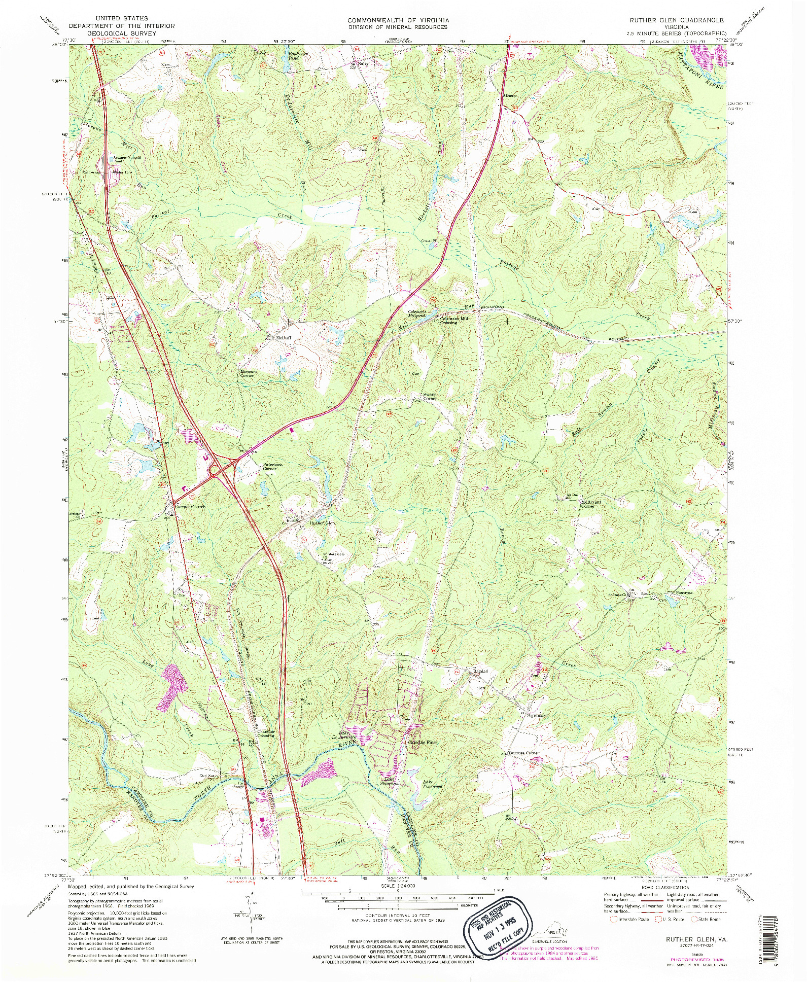 USGS 1:24000-SCALE QUADRANGLE FOR RUTHER GLEN, VA 1969