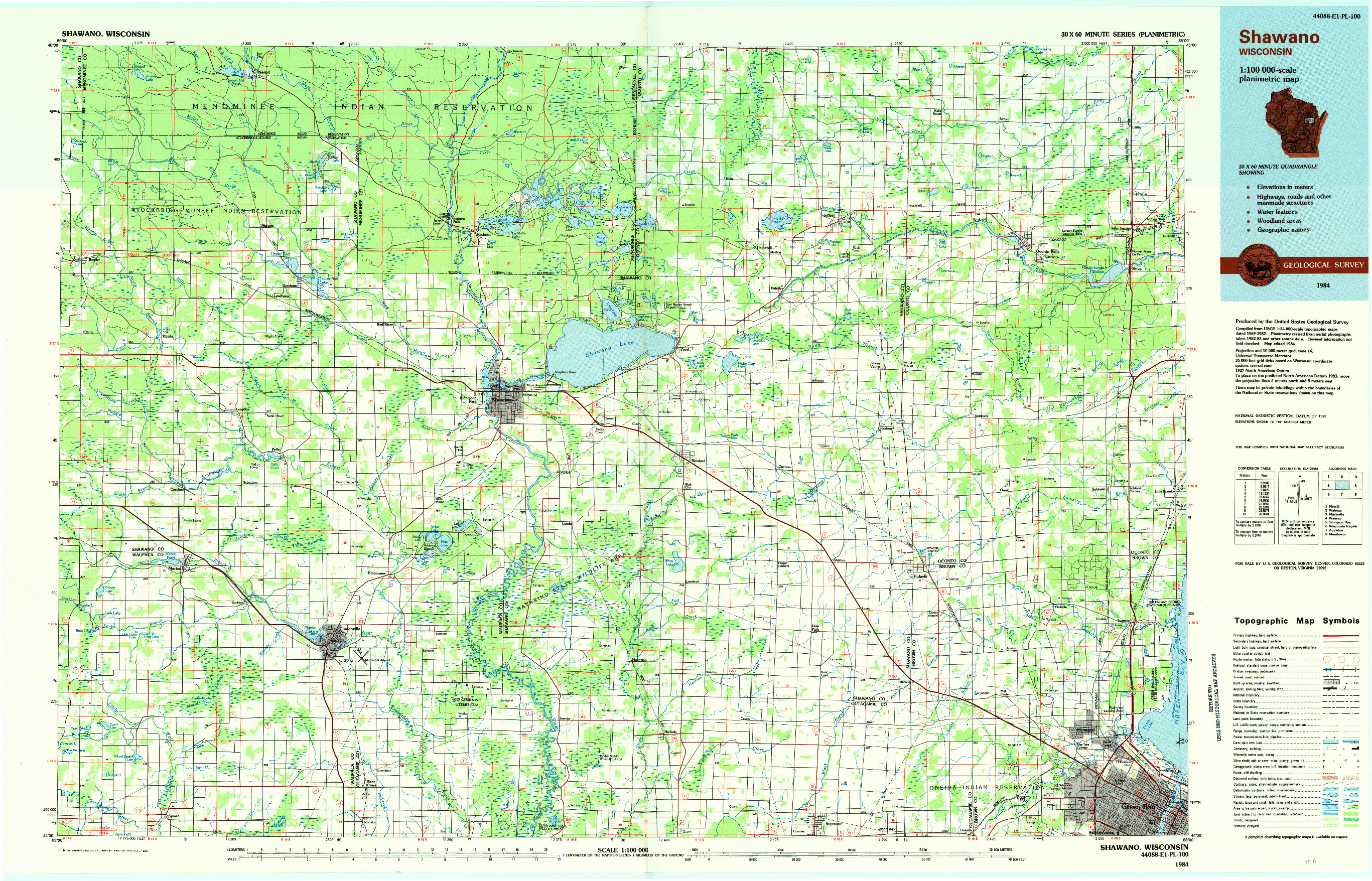 USGS 1:100000-SCALE QUADRANGLE FOR SHAWANO, WI 1984