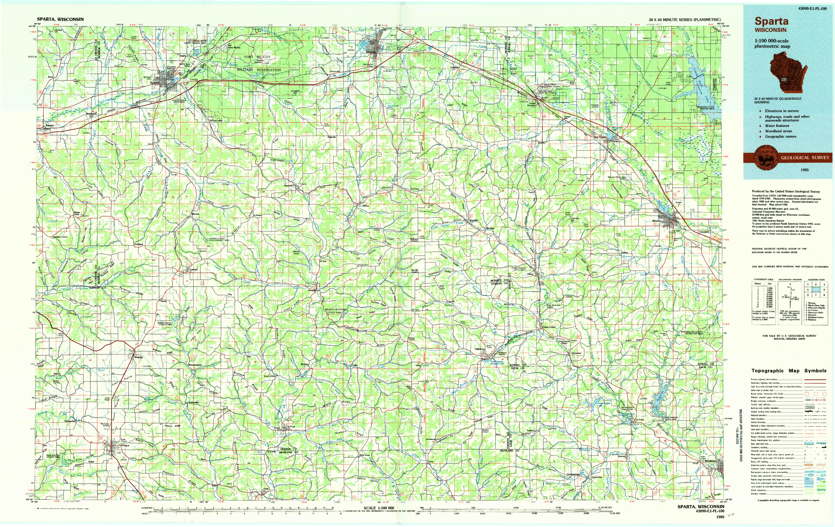 USGS 1:100000-SCALE QUADRANGLE FOR SPARTA, WI 1985