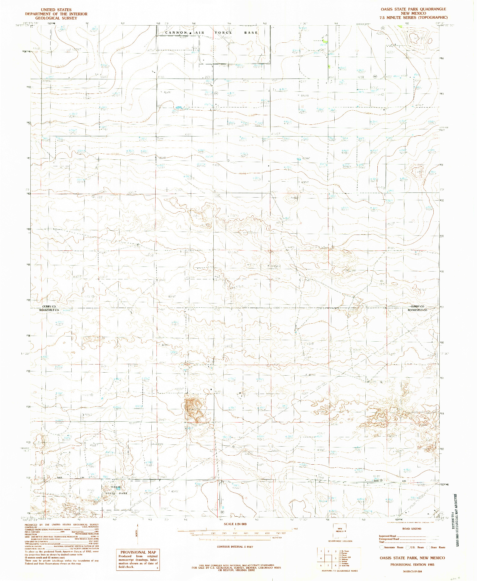 USGS 1:24000-SCALE QUADRANGLE FOR OASIS STATE PARK, NM 1985