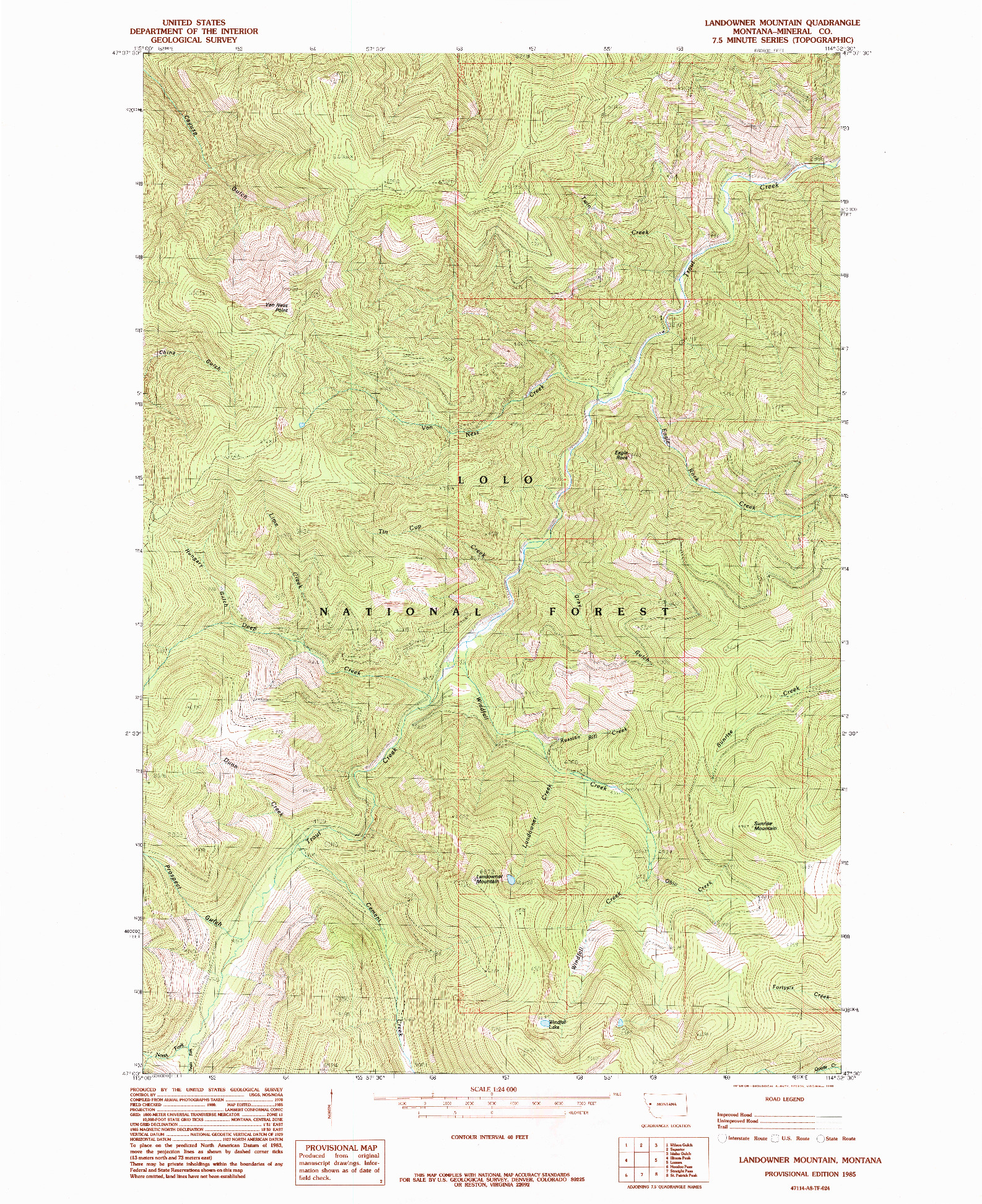 USGS 1:24000-SCALE QUADRANGLE FOR LANDOWNER MOUNTAIN, MT 1985