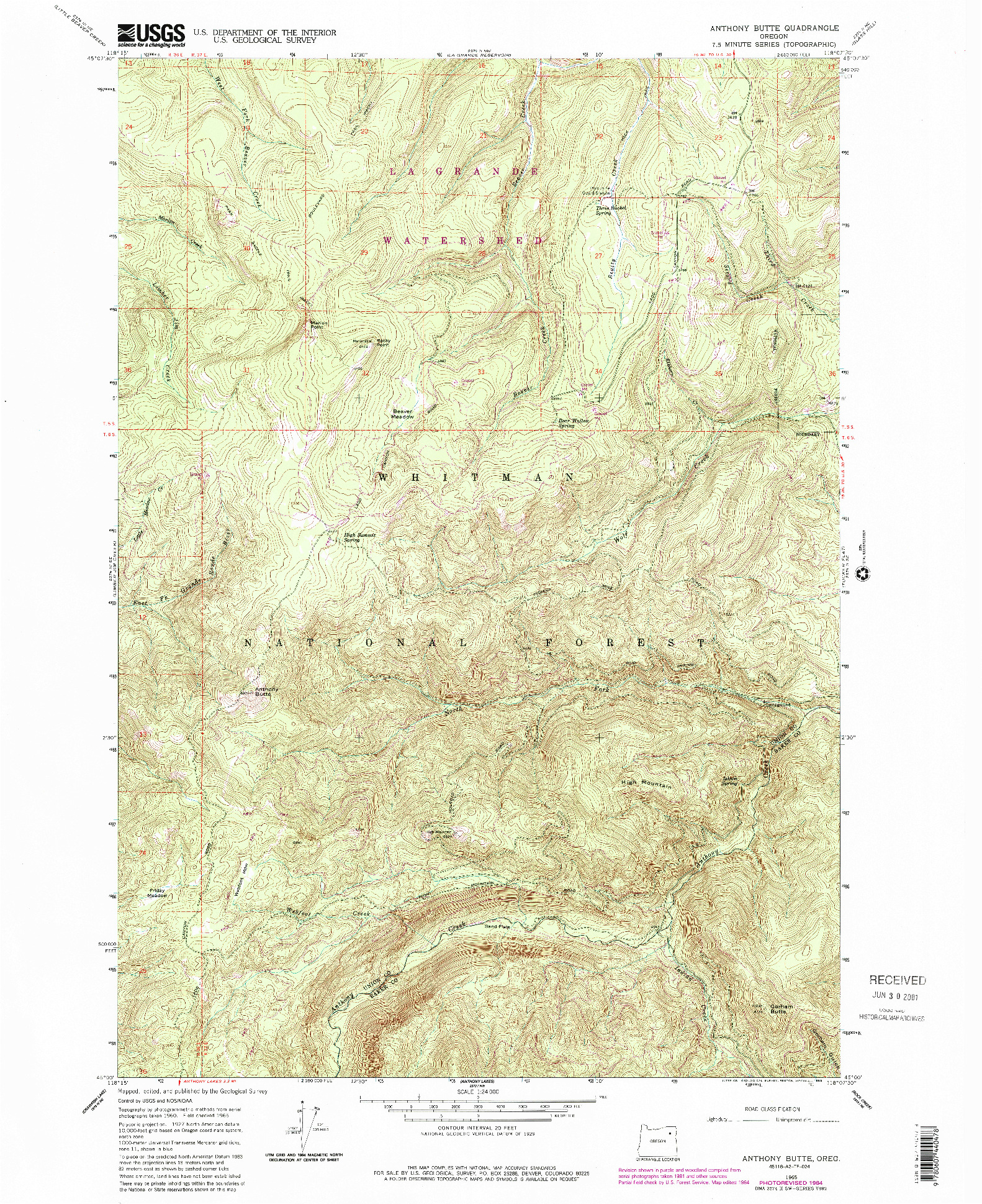 USGS 1:24000-SCALE QUADRANGLE FOR ANTHONY BUTTE, OR 1965