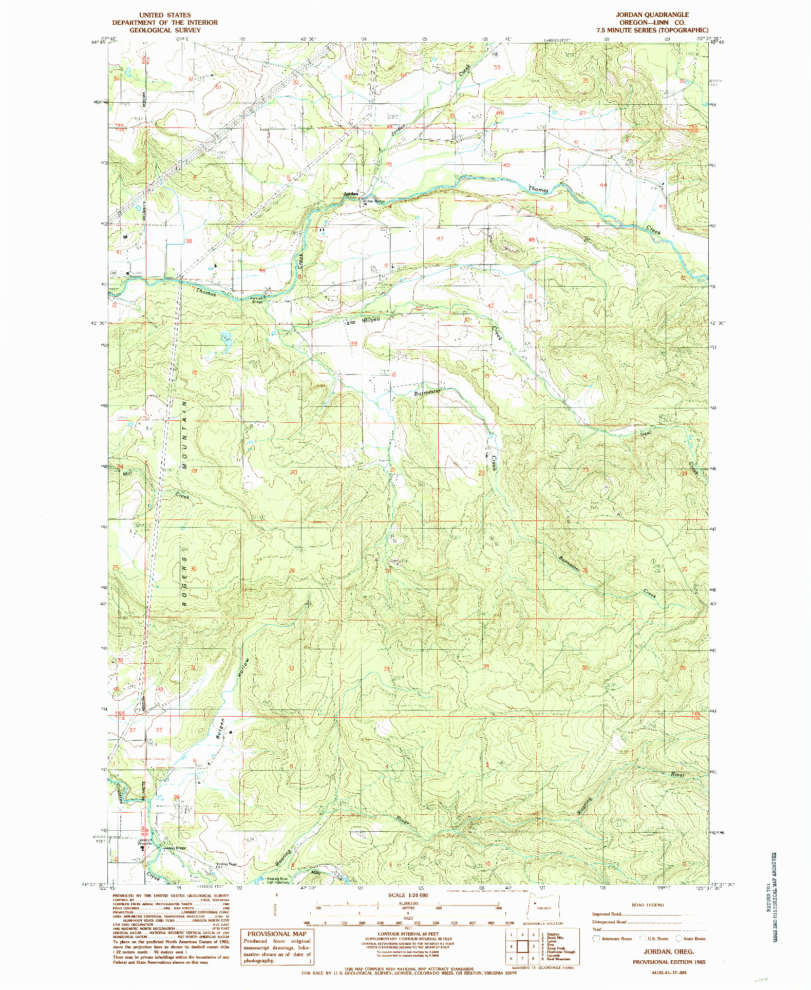 USGS 1:24000-SCALE QUADRANGLE FOR JORDAN, OR 1985