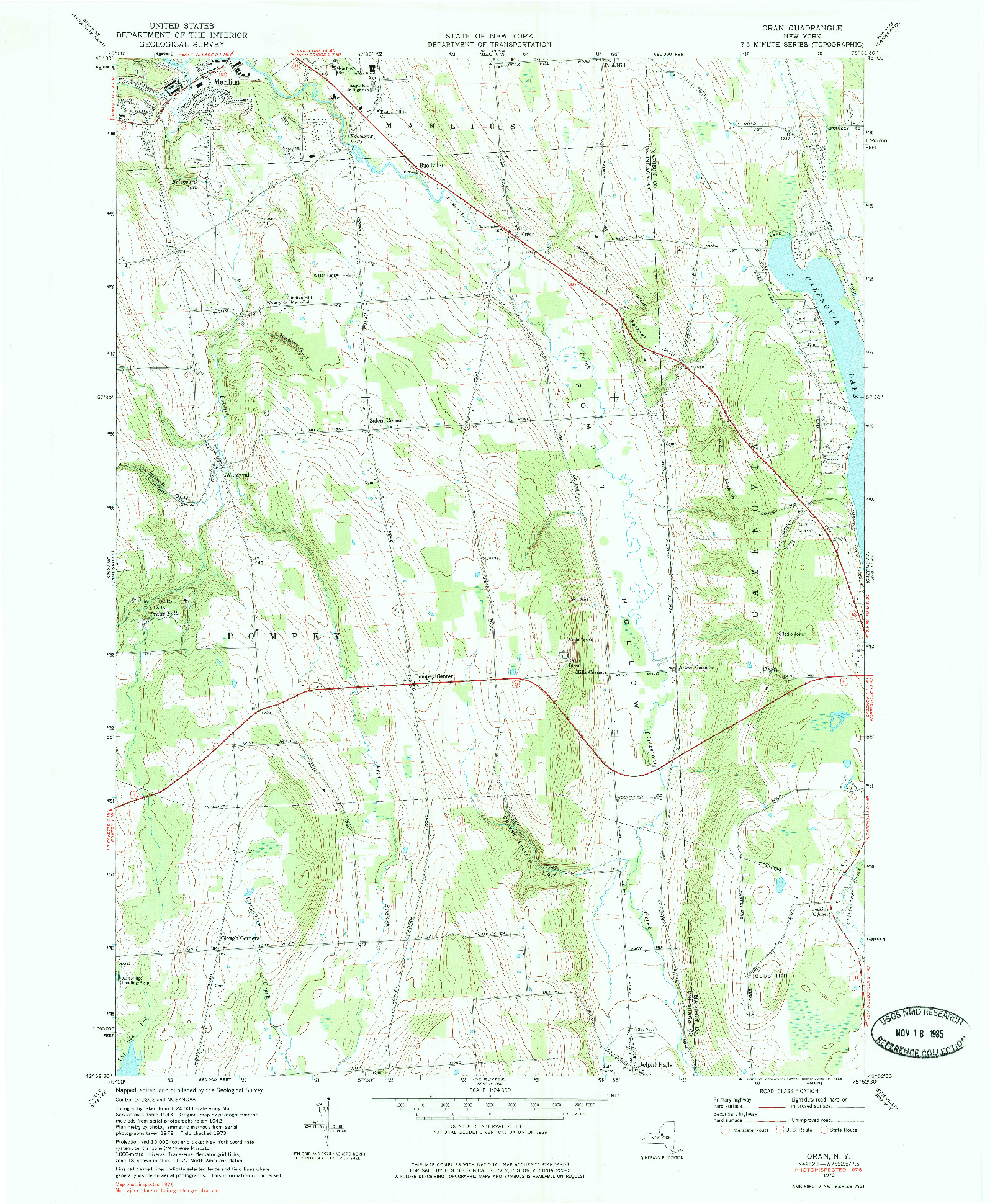 USGS 1:24000-SCALE QUADRANGLE FOR ORAN, NY 1973