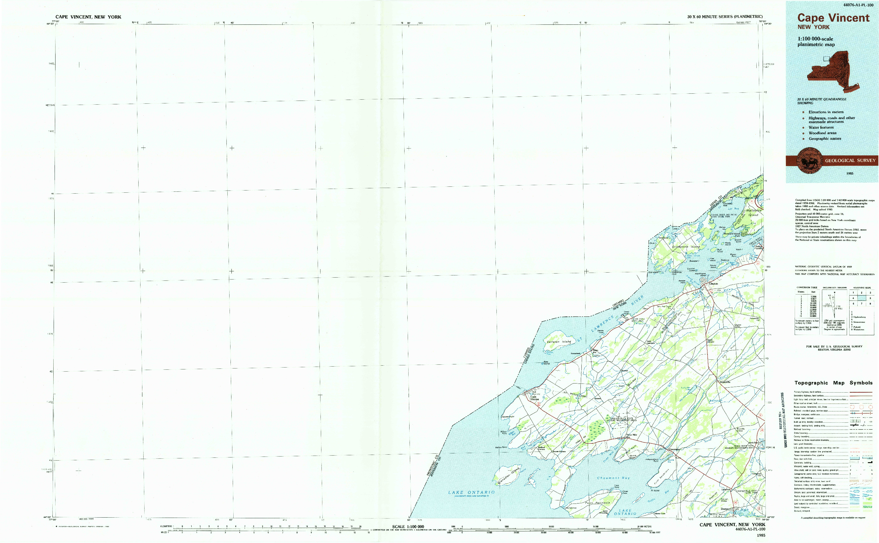 USGS 1:100000-SCALE QUADRANGLE FOR CAPE VINCENT, NY 1985