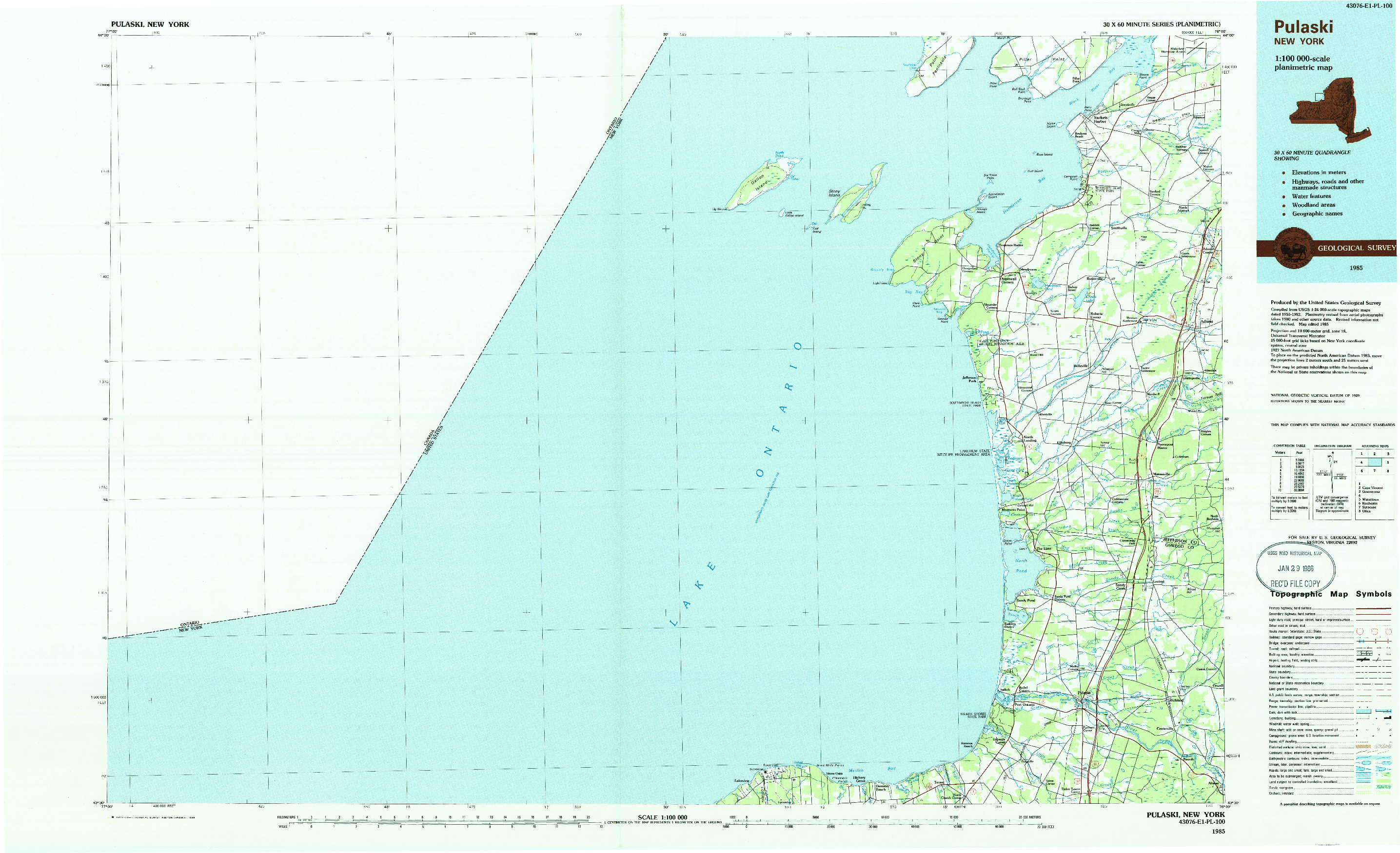 USGS 1:100000-SCALE QUADRANGLE FOR PULASKI, NY 1985