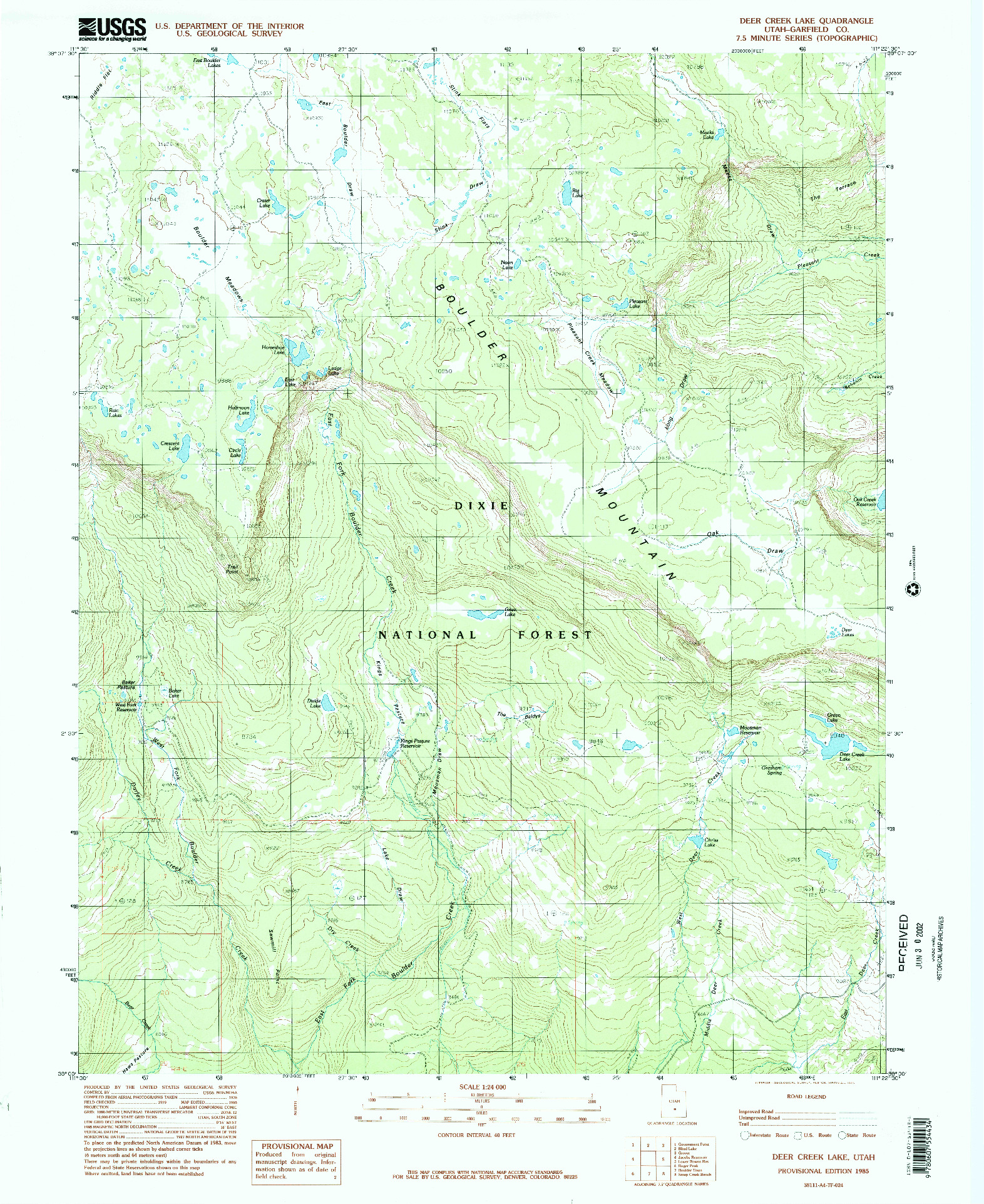 USGS 1:24000-SCALE QUADRANGLE FOR DEER CREEK LAKE, UT 1985