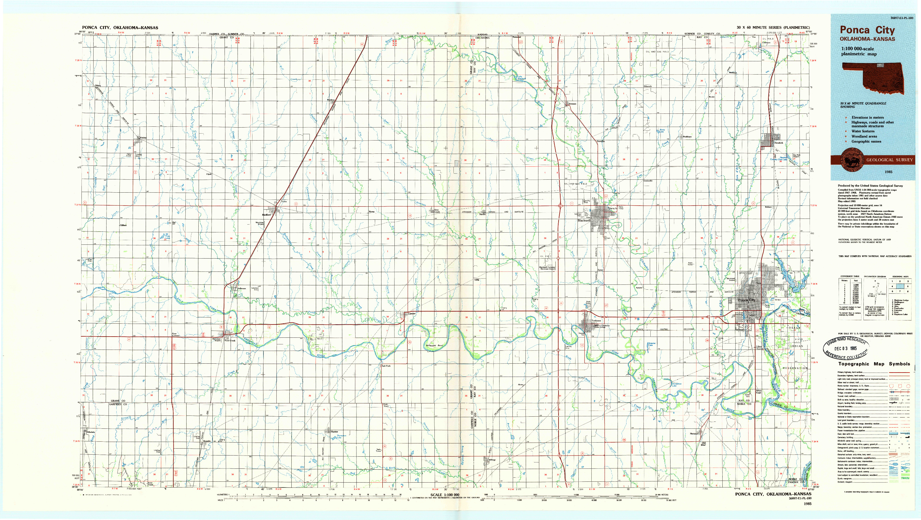 USGS 1:100000-SCALE QUADRANGLE FOR PONCA CITY, OK 1985