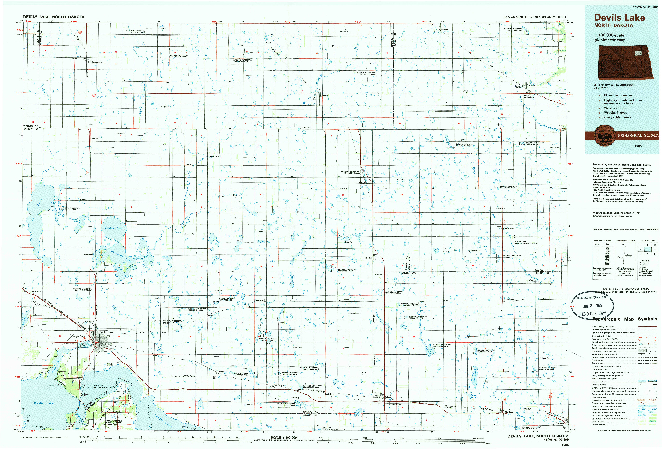 USGS 1:100000-SCALE QUADRANGLE FOR DEVILS LAKE, ND 1985