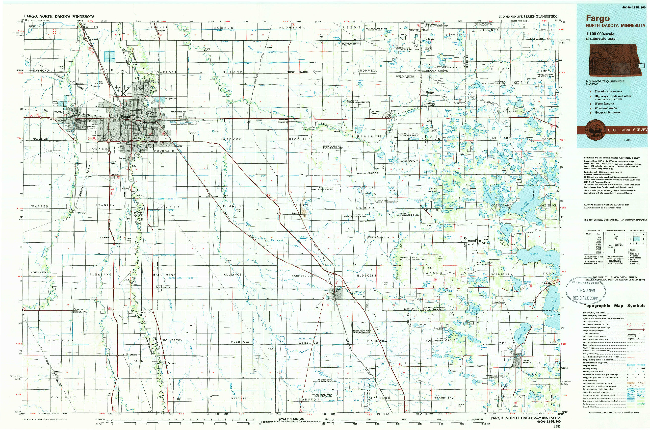 USGS 1:100000-SCALE QUADRANGLE FOR FARGO, ND 1985