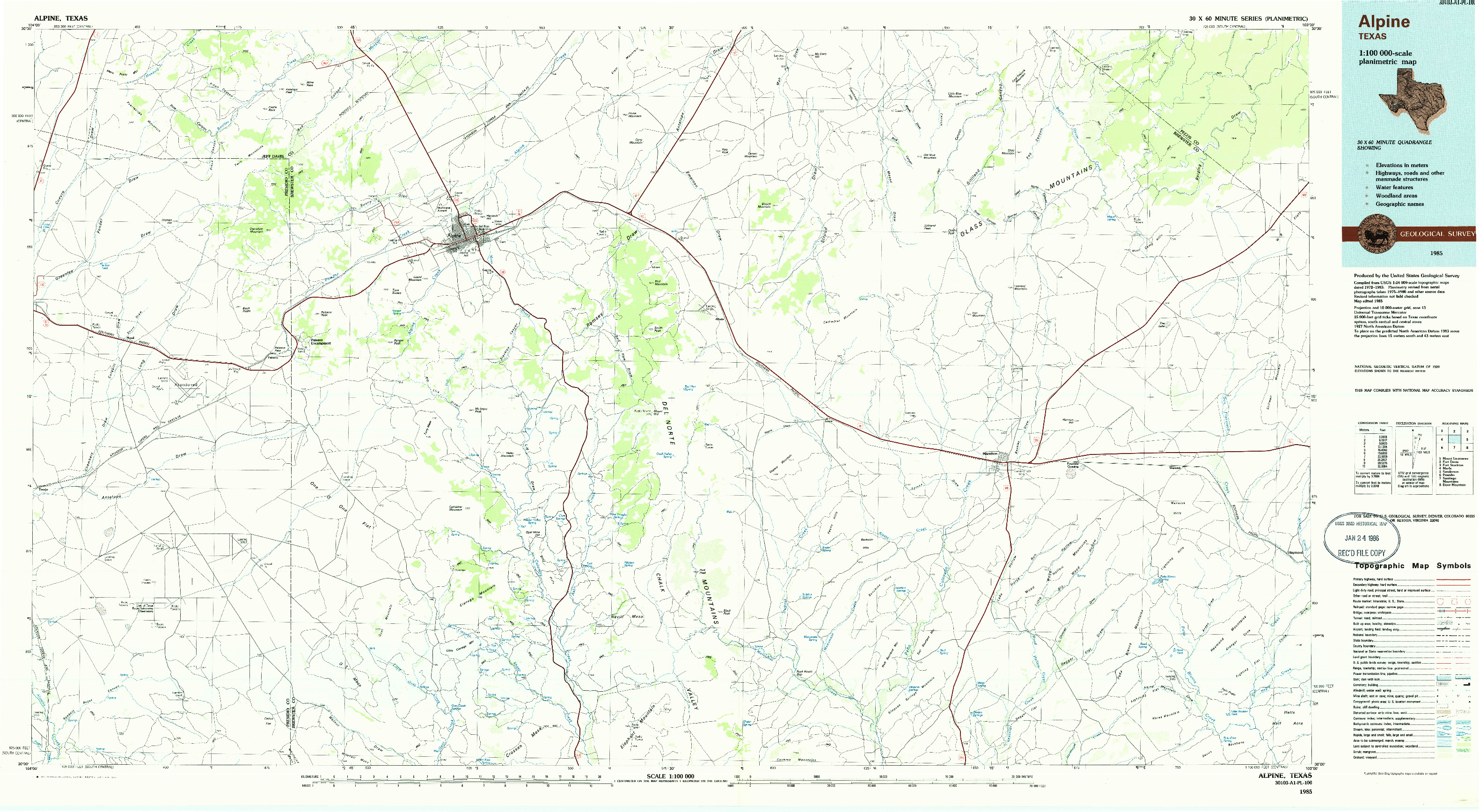 USGS 1:100000-SCALE QUADRANGLE FOR ALPINE, TX 1985
