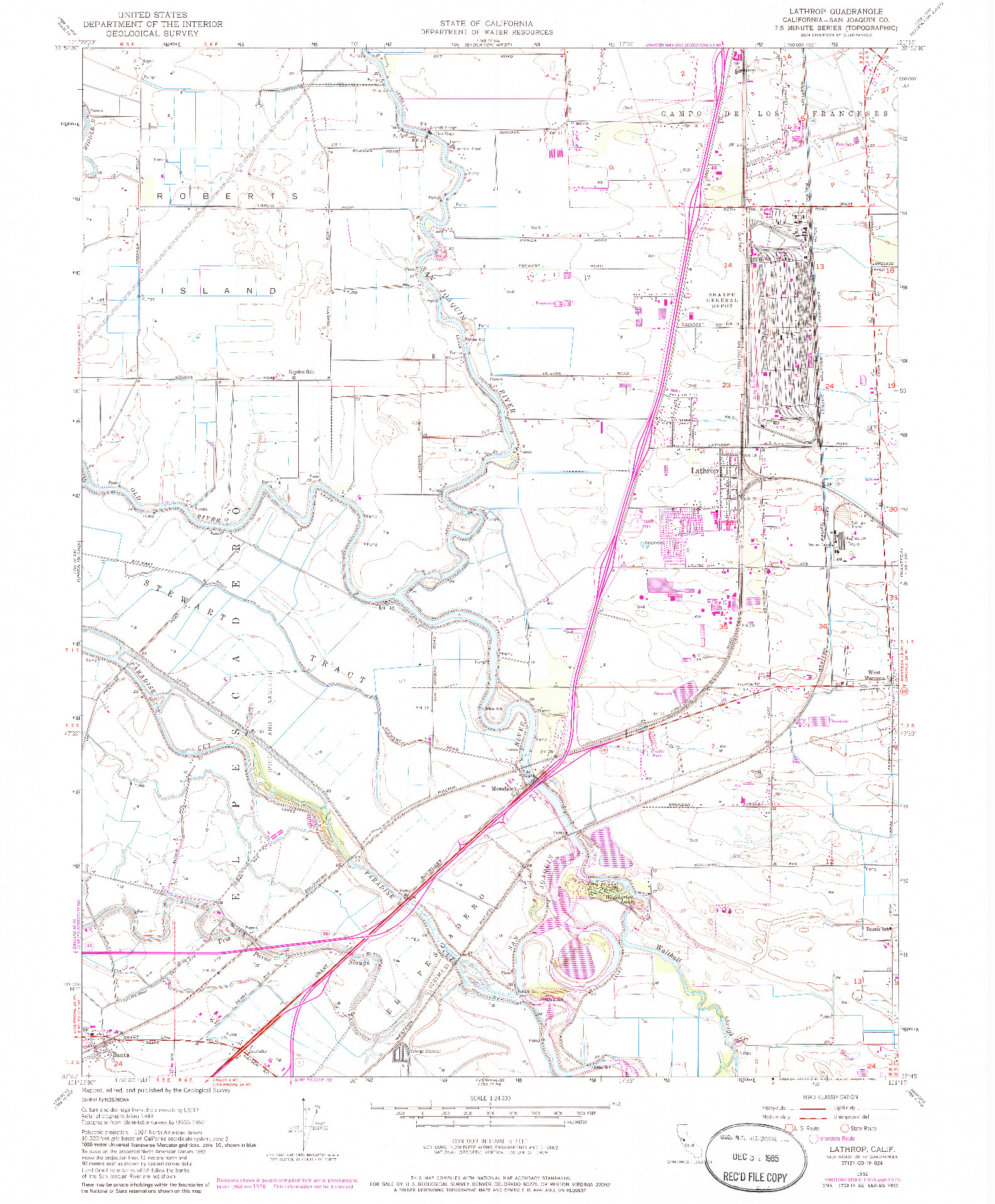 USGS 1:24000-SCALE QUADRANGLE FOR LATHROP, CA 1952