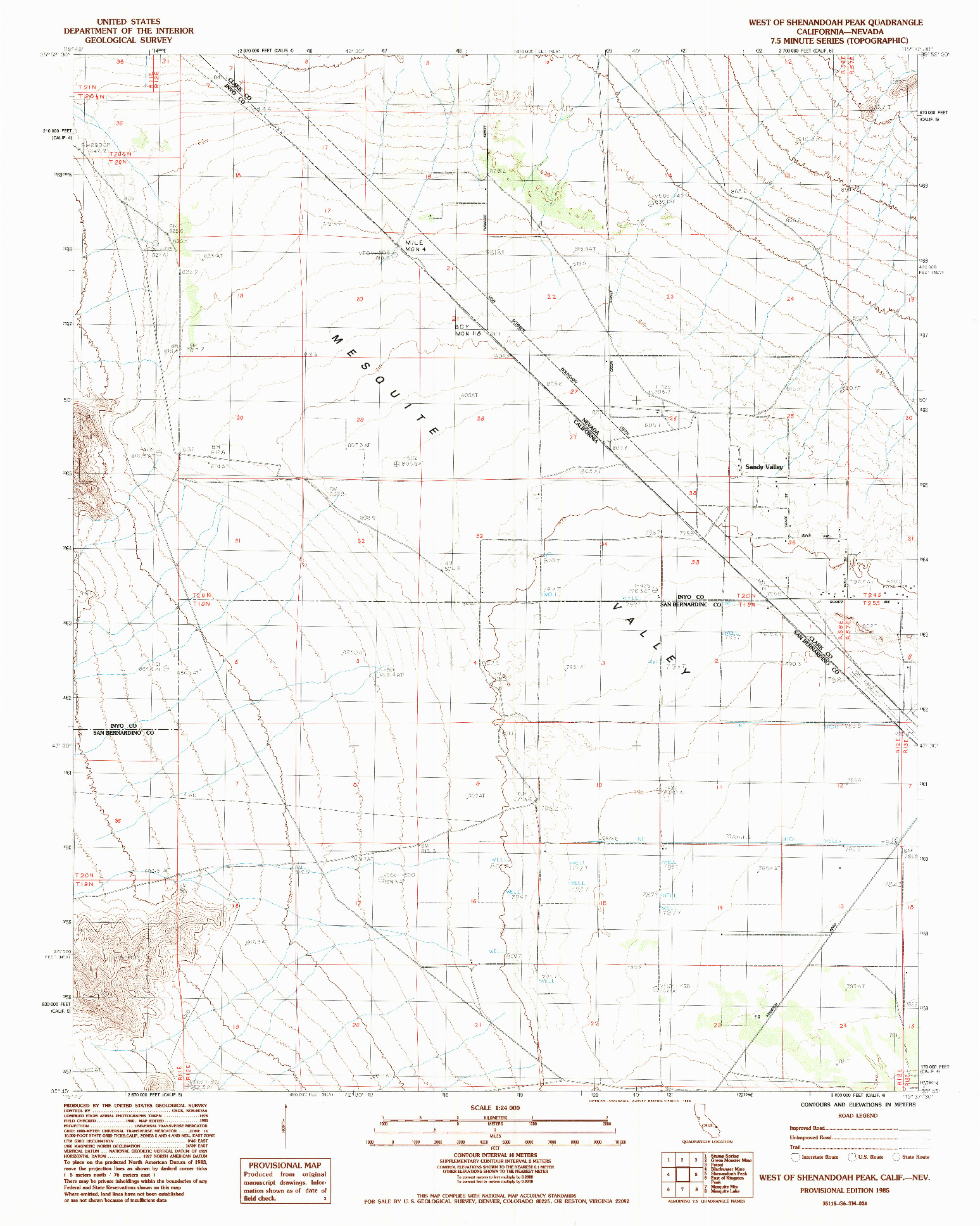 USGS 1:24000-SCALE QUADRANGLE FOR WEST OF SHENANDOAH PEAK, CA 1985
