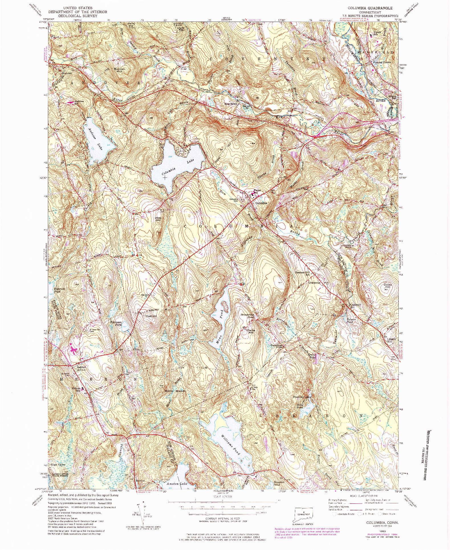 USGS 1:24000-SCALE QUADRANGLE FOR COLUMBIA, CT 1953