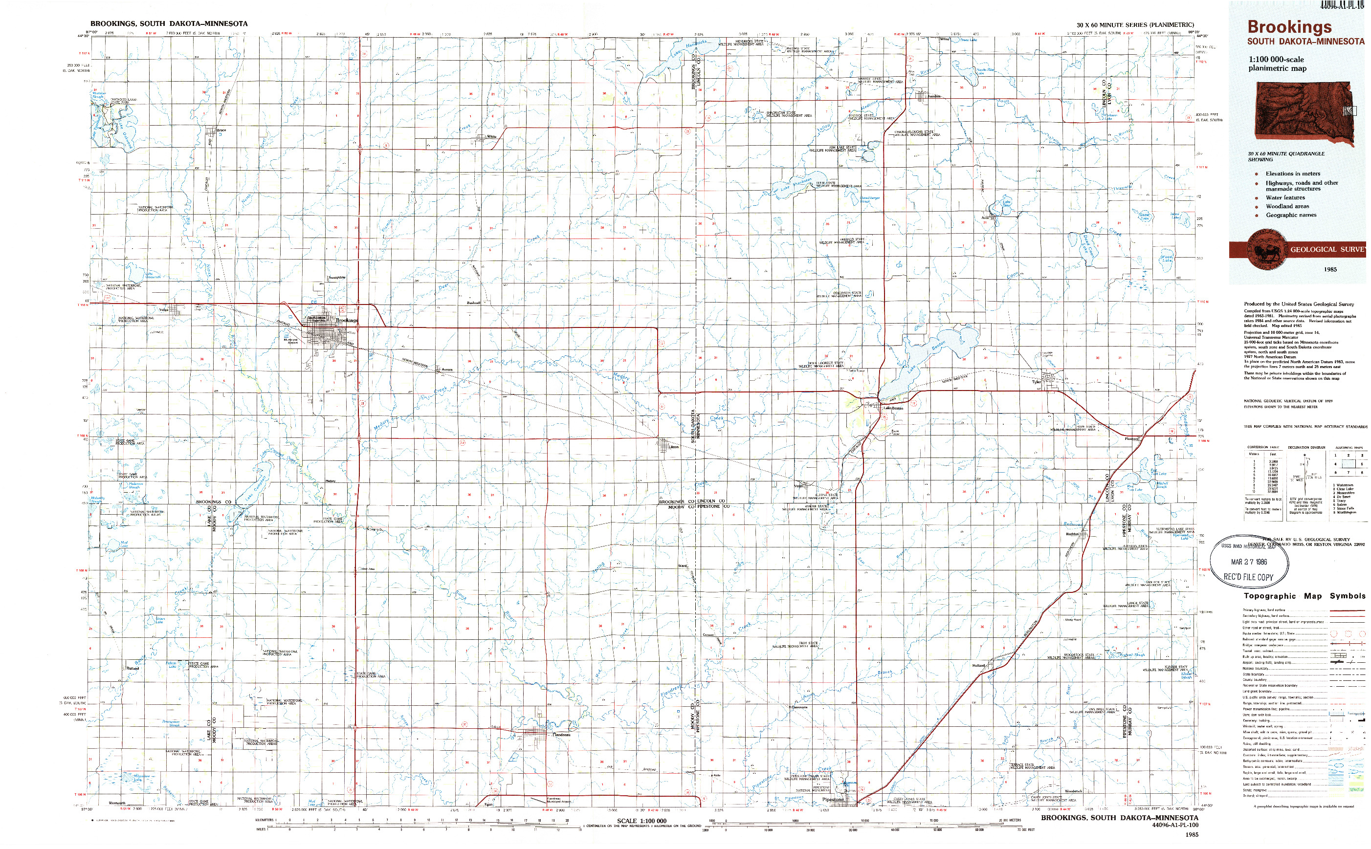 USGS 1:100000-SCALE QUADRANGLE FOR BROOKINGS, SD 1985