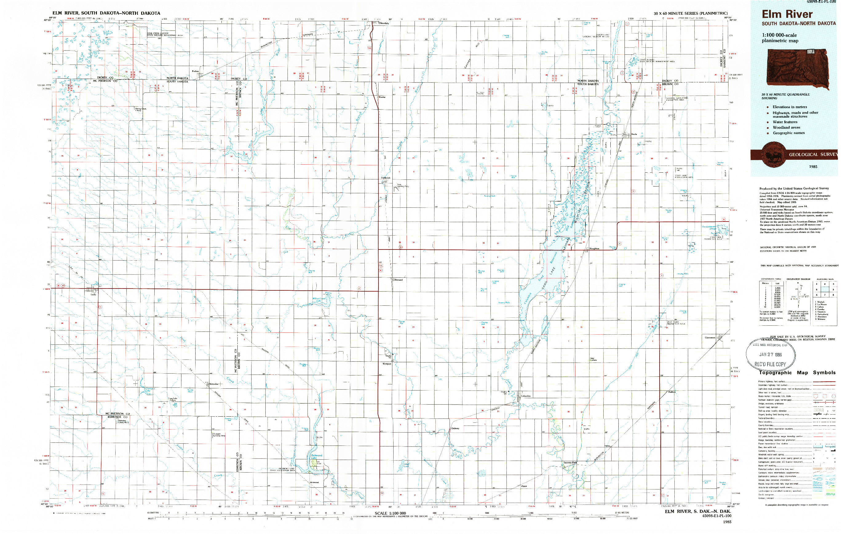 USGS 1:100000-SCALE QUADRANGLE FOR ELM RIVER, SD 1985