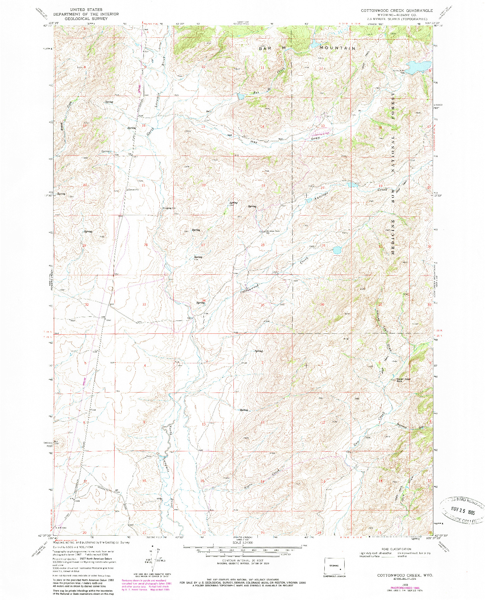 USGS 1:24000-SCALE QUADRANGLE FOR COTTONWOOD CREEK, WY 1968