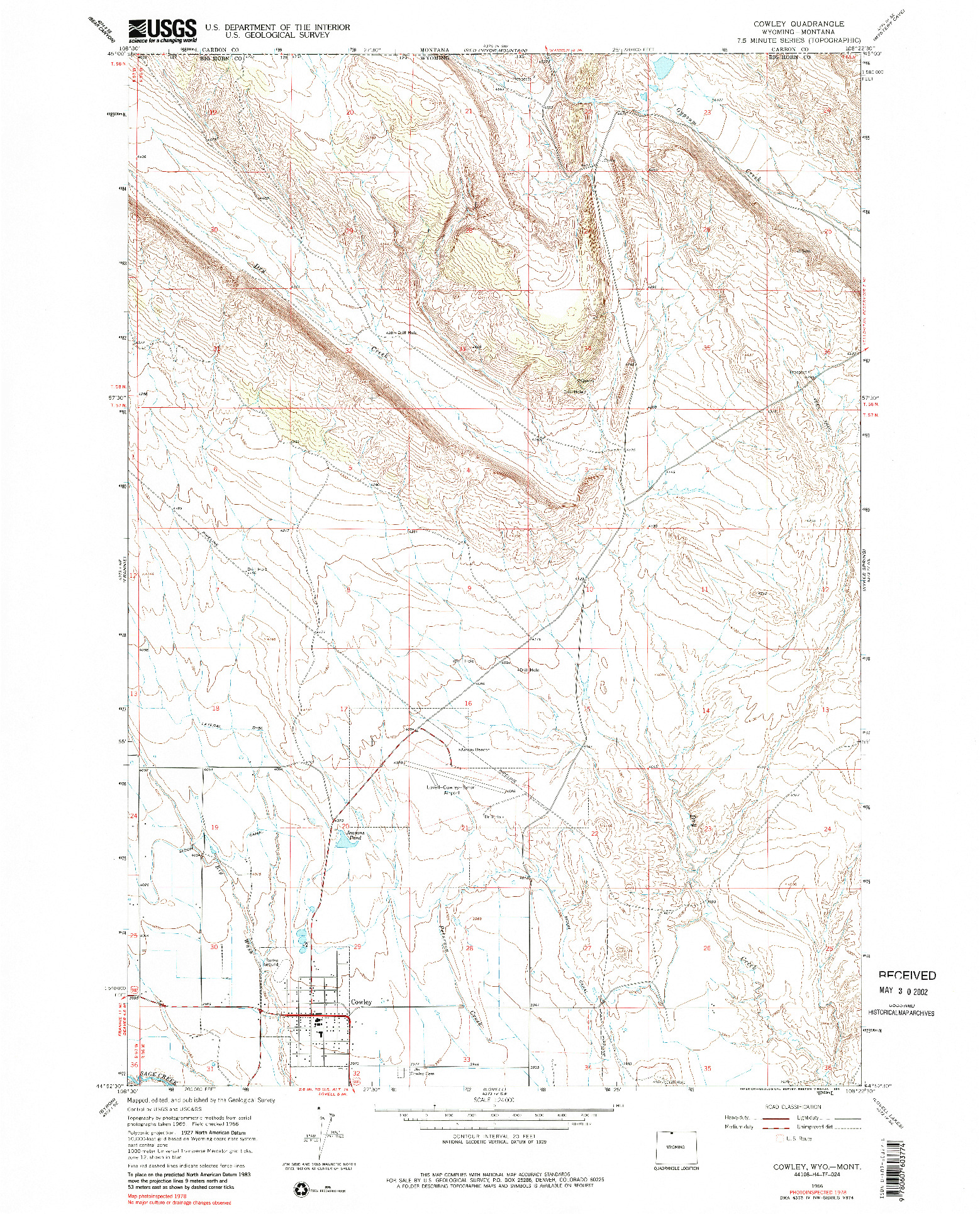 USGS 1:24000-SCALE QUADRANGLE FOR COWLEY, WY 1966