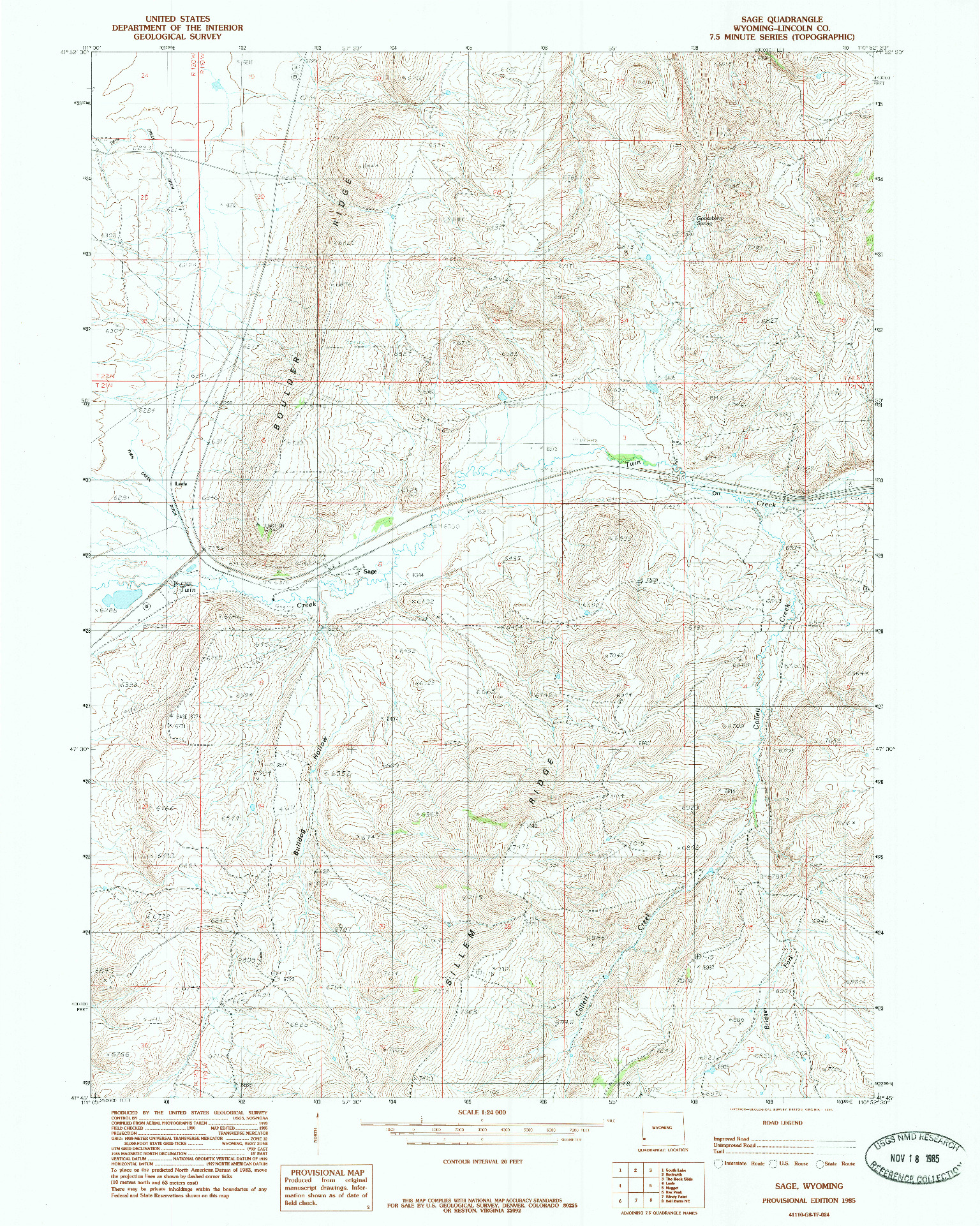 USGS 1:24000-SCALE QUADRANGLE FOR SAGE, WY 1985