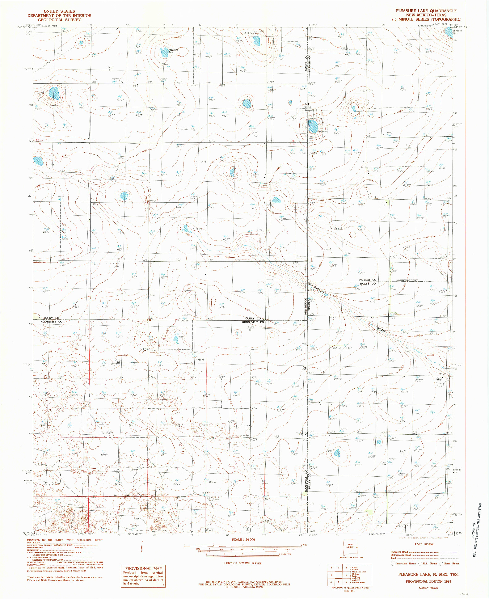 USGS 1:24000-SCALE QUADRANGLE FOR PLEASURE LAKE, NM 1985