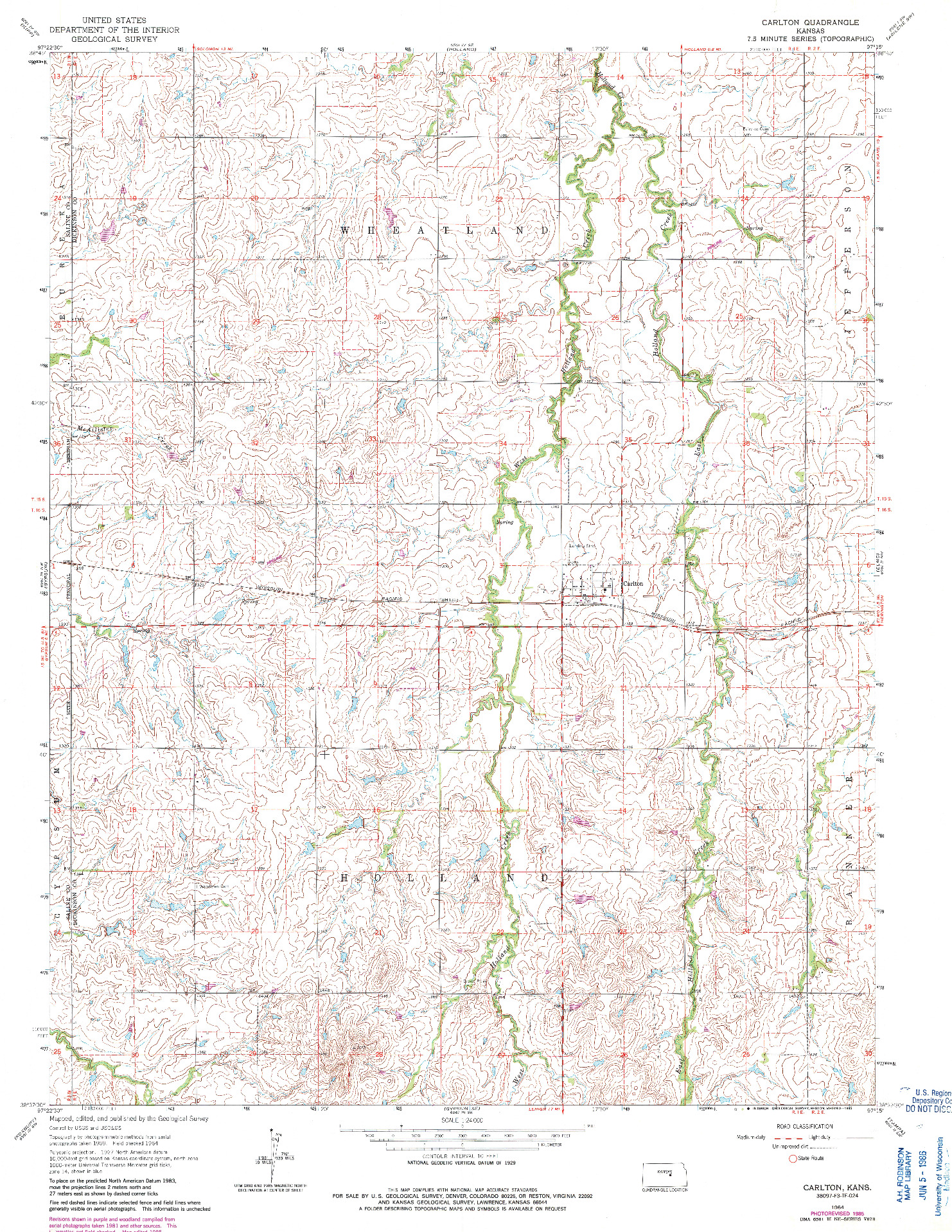 USGS 1:24000-SCALE QUADRANGLE FOR CARLTON, KS 1964