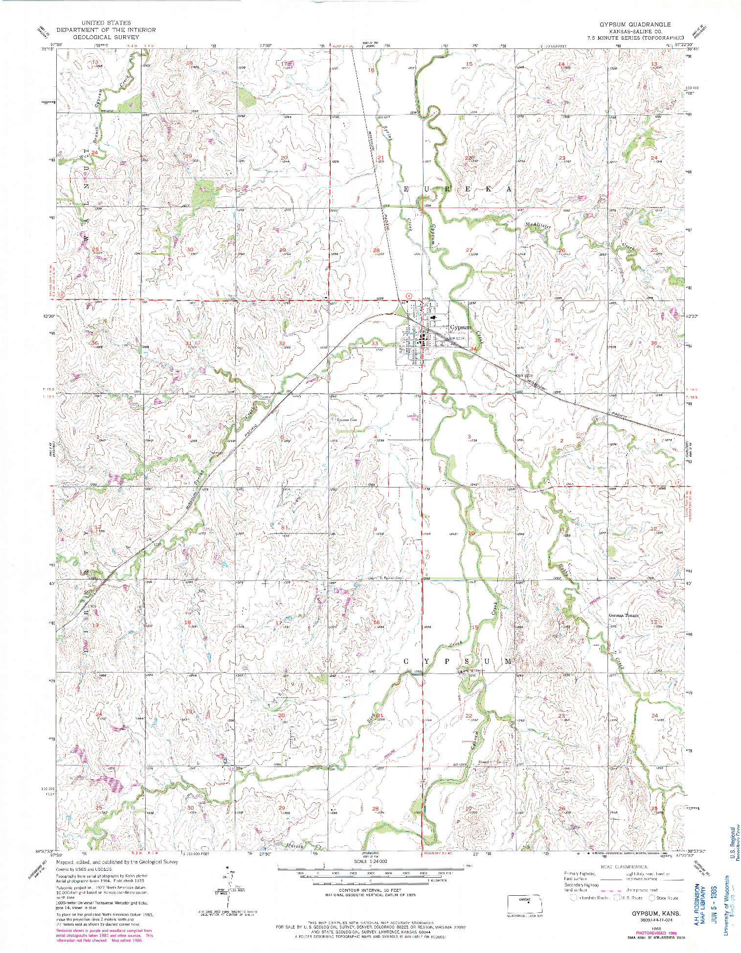 USGS 1:24000-SCALE QUADRANGLE FOR GYPSUM, KS 1955