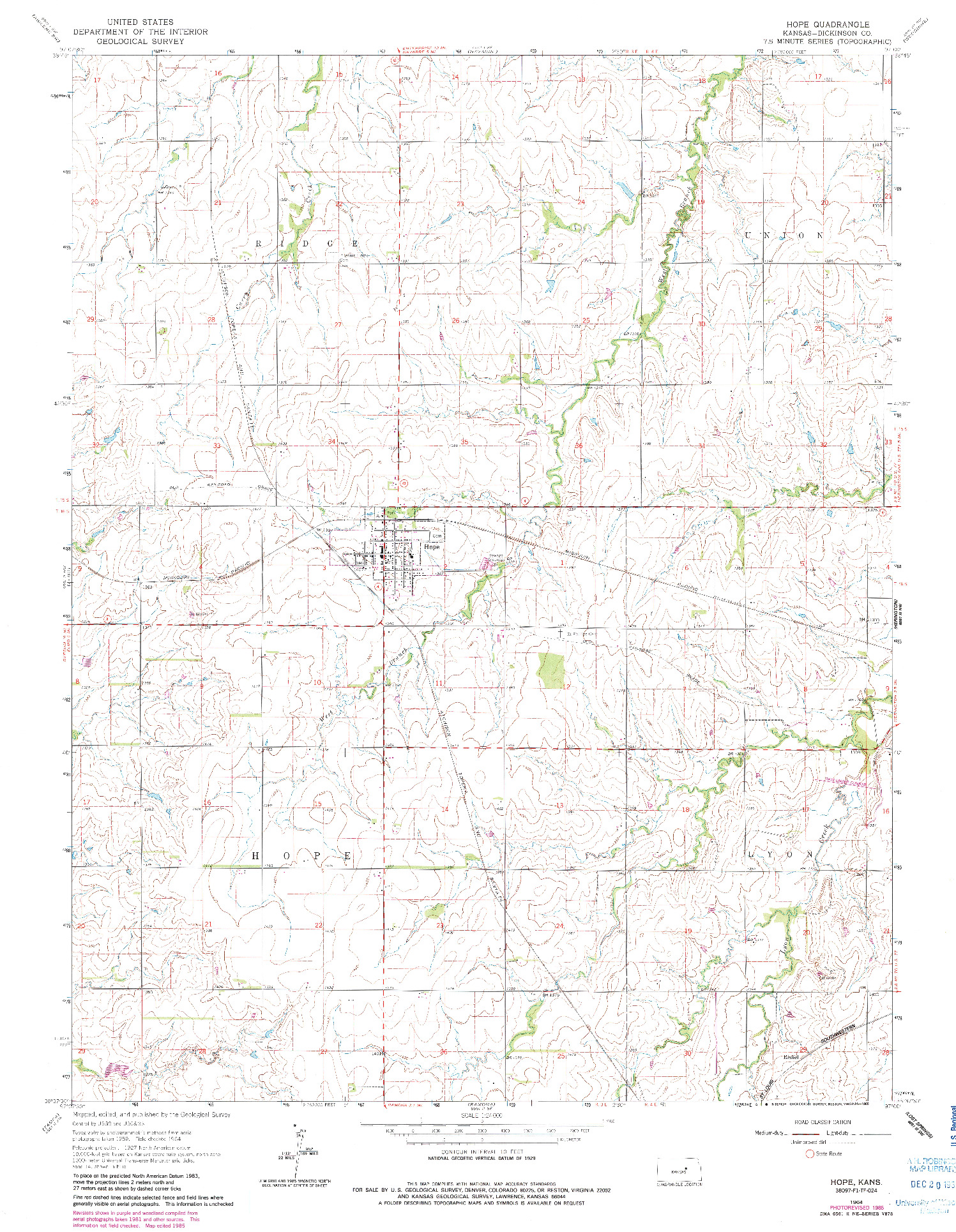 USGS 1:24000-SCALE QUADRANGLE FOR HOPE, KS 1964