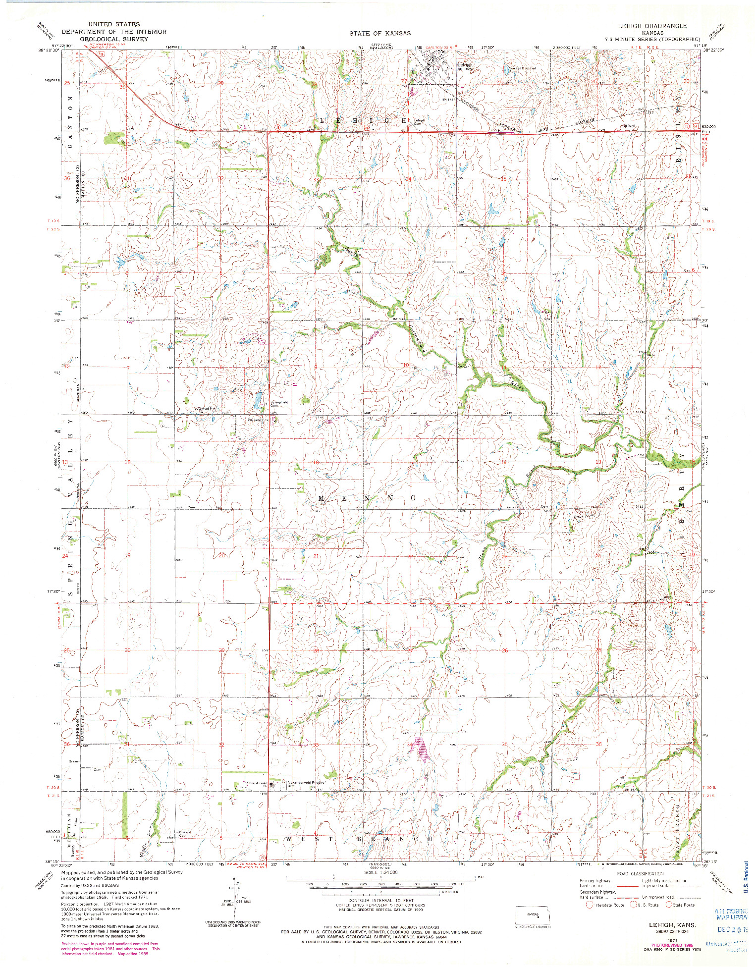 USGS 1:24000-SCALE QUADRANGLE FOR LEHIGH, KS 1971