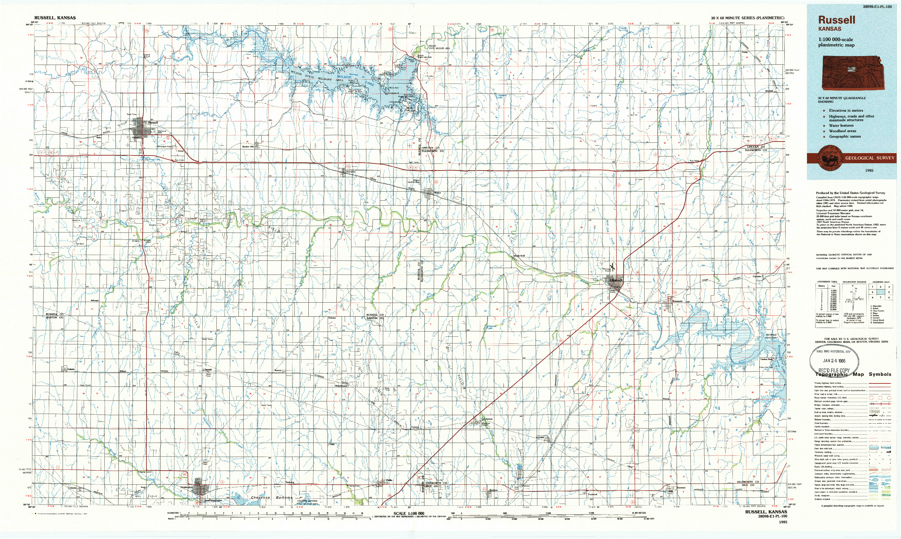 USGS 1:100000-SCALE QUADRANGLE FOR RUSSELL, KS 1985