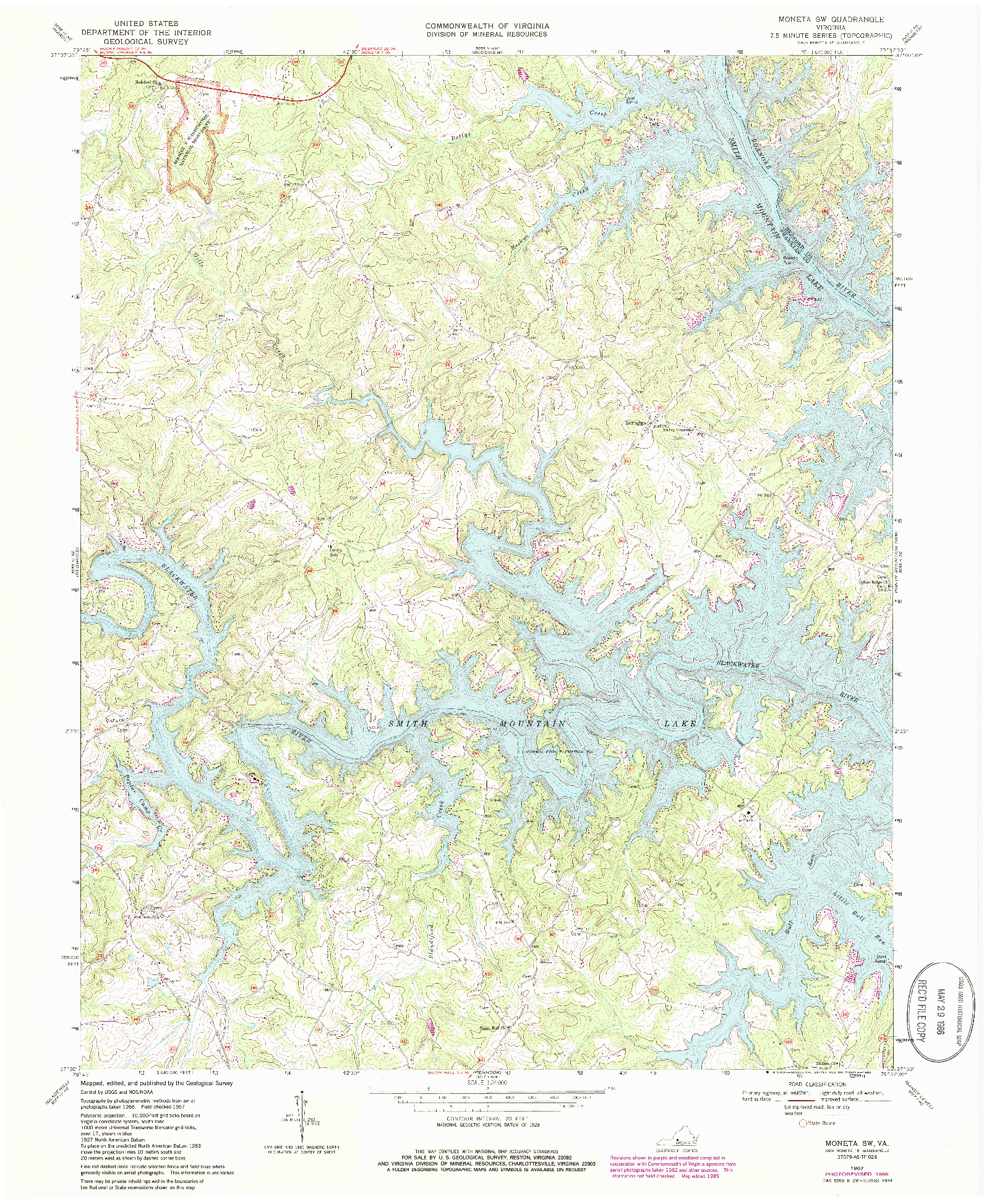 USGS 1:24000-SCALE QUADRANGLE FOR MONETA SW, VA 1967