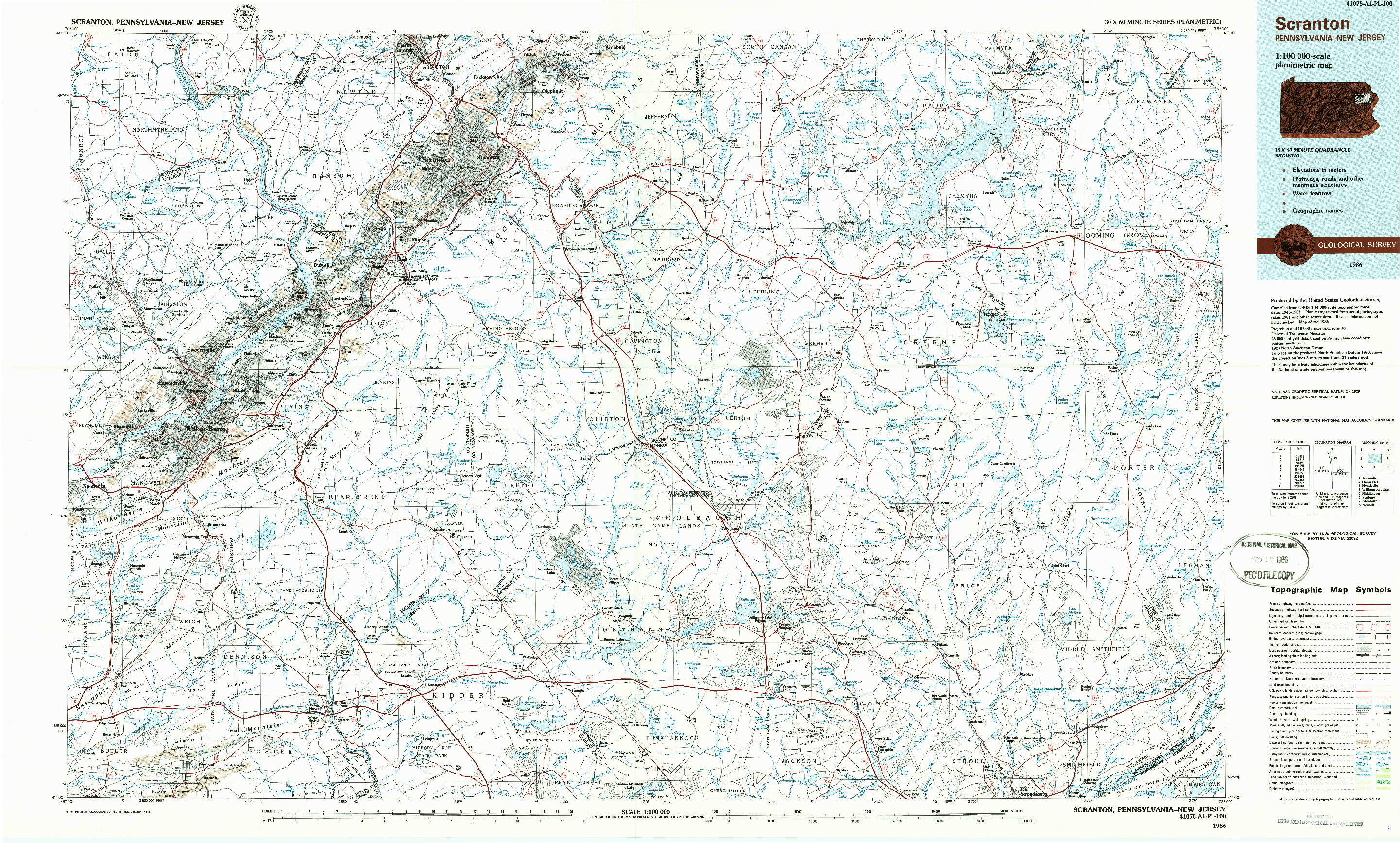 USGS 1:100000-SCALE QUADRANGLE FOR SCRANTON, PA 1986