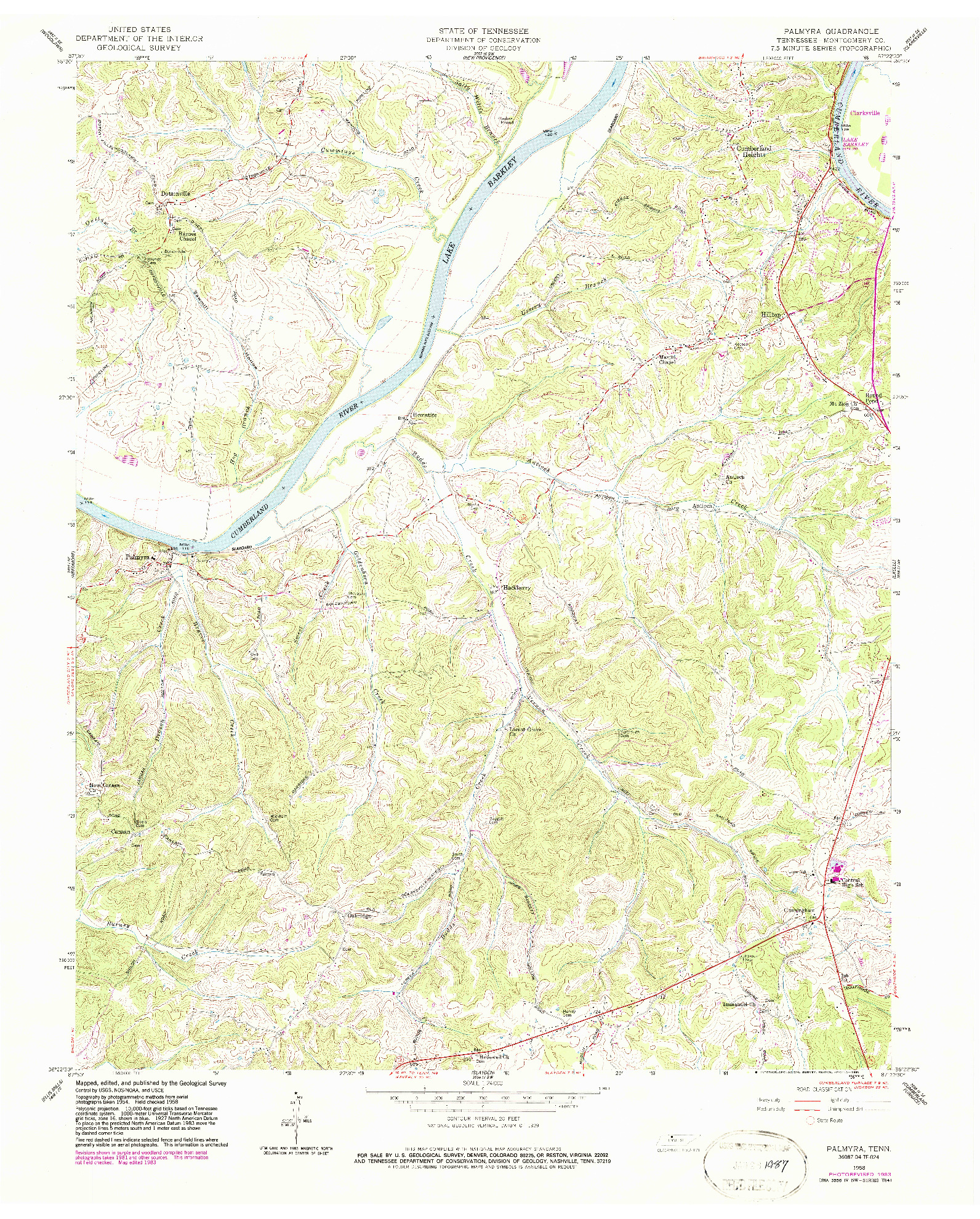 USGS 1:24000-SCALE QUADRANGLE FOR PALMYRA, TN 1958