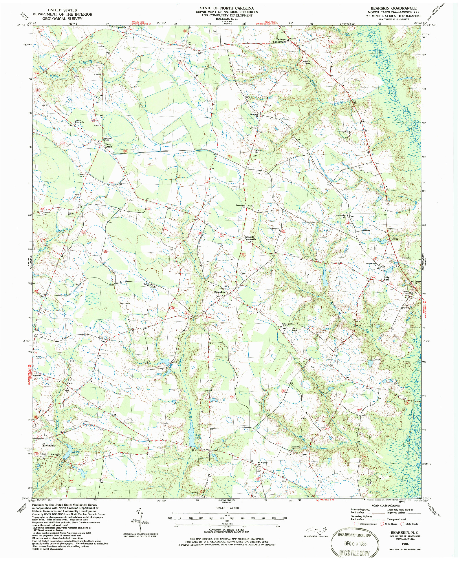 USGS 1:24000-SCALE QUADRANGLE FOR BEARSKIN, NC 1986