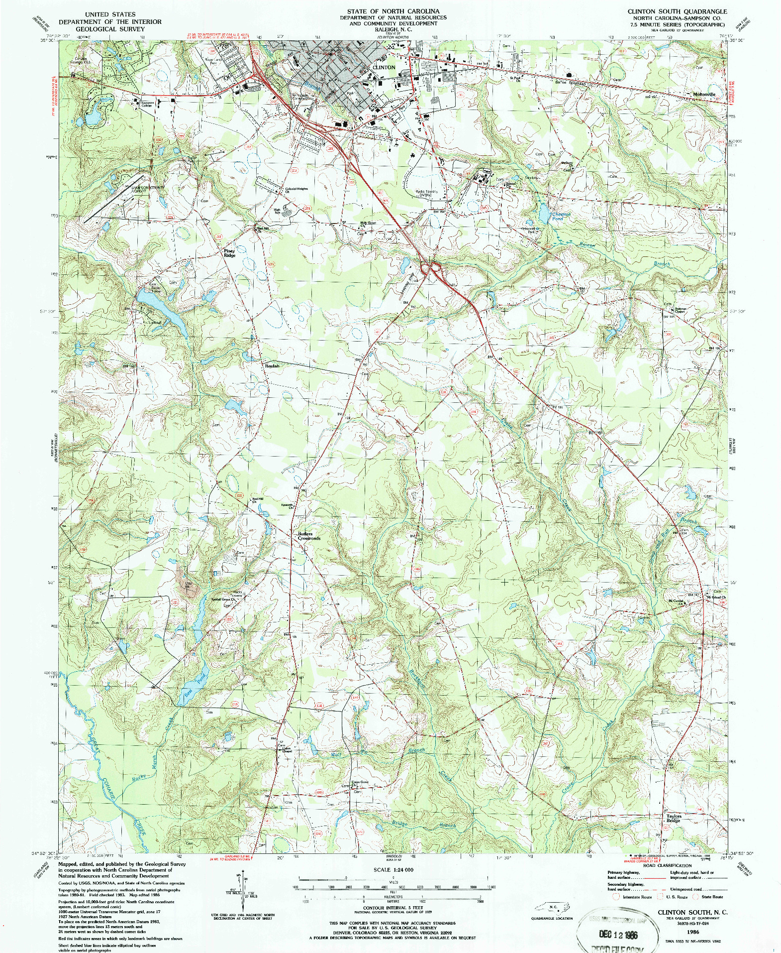 USGS 1:24000-SCALE QUADRANGLE FOR CLINTON SOUTH, NC 1986