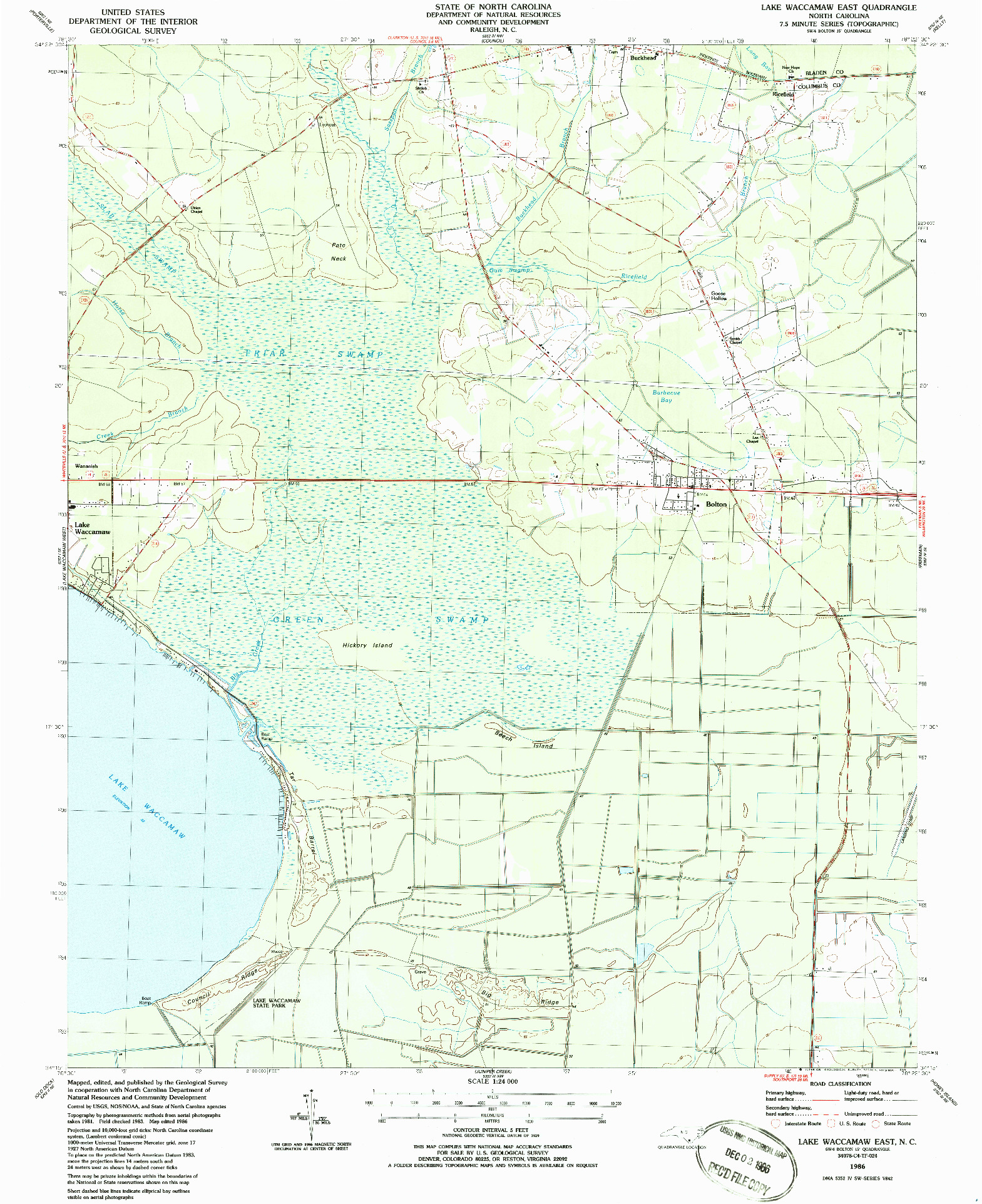 USGS 1:24000-SCALE QUADRANGLE FOR LAKE WACCAMAW EAST, NC 1986