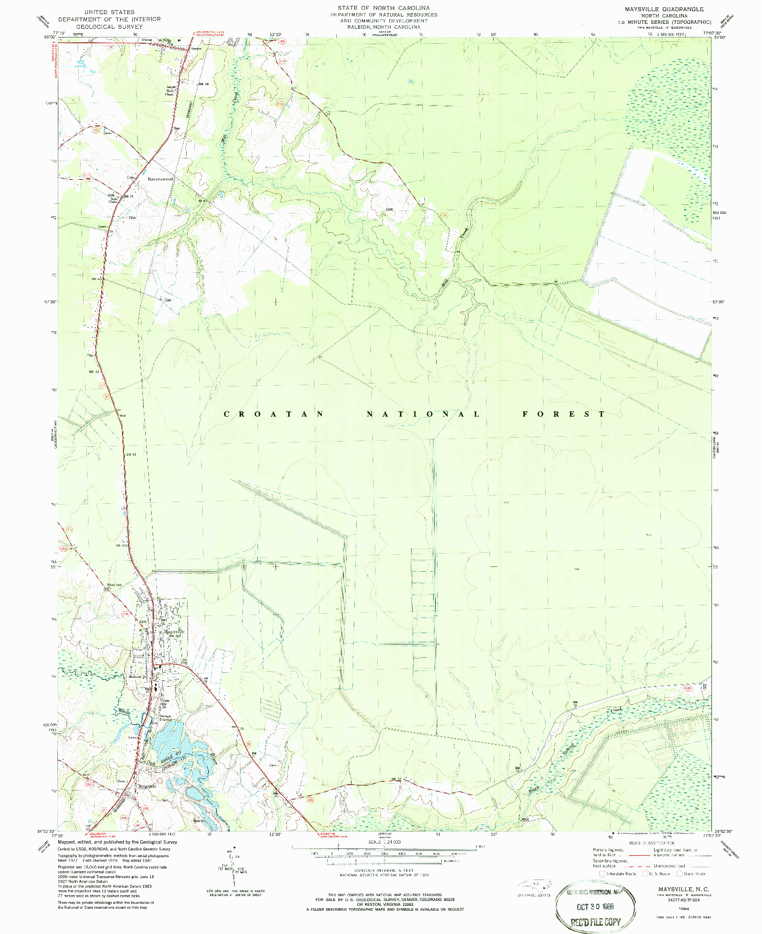 USGS 1:24000-SCALE QUADRANGLE FOR MAYSVILLE, NC 1984