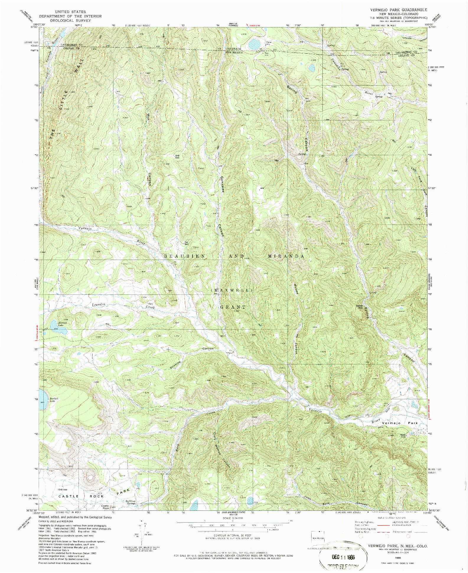 USGS 1:24000-SCALE QUADRANGLE FOR VERMEJO PARK, NM 1986