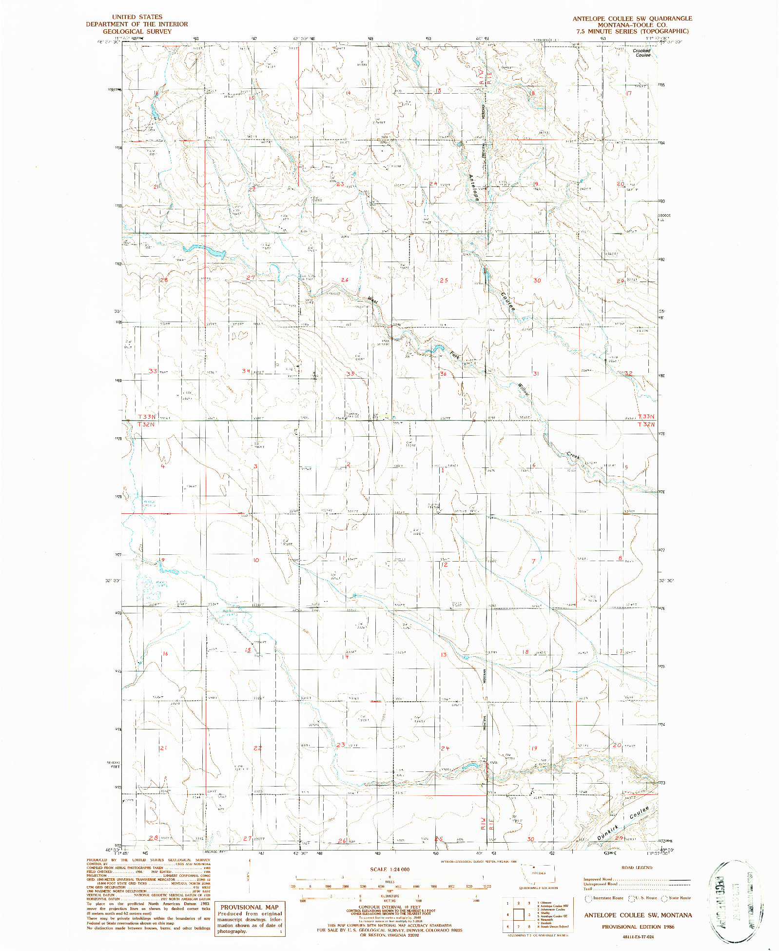 USGS 1:24000-SCALE QUADRANGLE FOR ANTELOPE COULEE SW, MT 1986